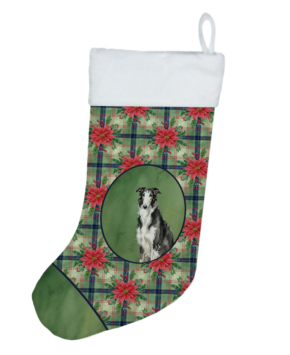 Black and White Borzoi Christmas PoinsettIas Holiday Stocking Double-Sided Print, Polyester Suede,11x18, Made in USA
