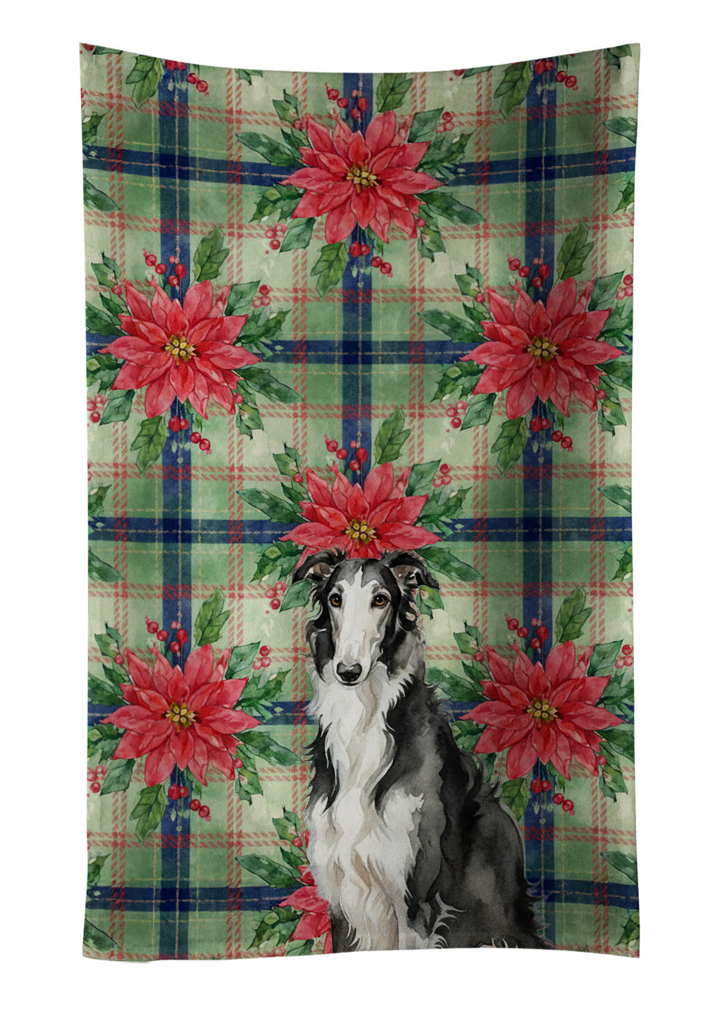 Black and White Borzoi Christmas PoinsettIas Kitchen Towel Velour Plush Front and Cotton Loop Back Machine Washable