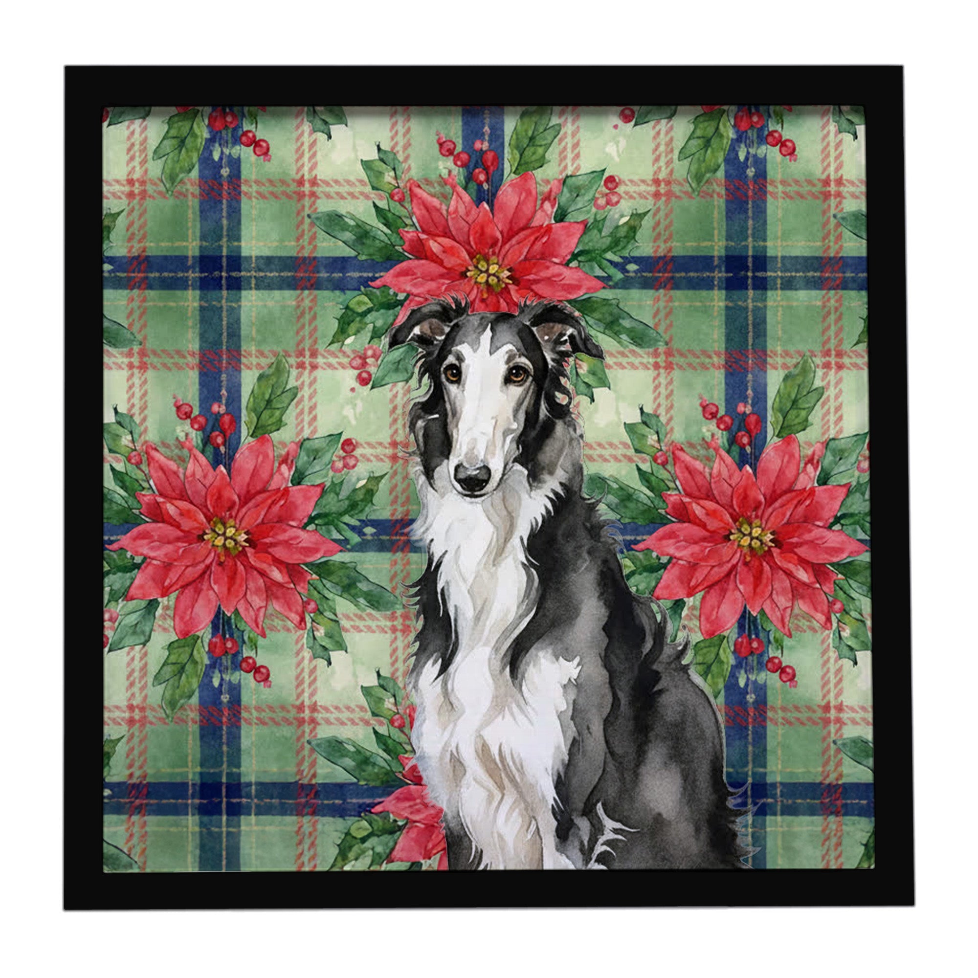Black and White Borzoi Christmas PoinsettIas Framed Metal Print Bathroom, Kitchen, Office, Home Decor Wall Art Ready to Hang, Square, 8X8