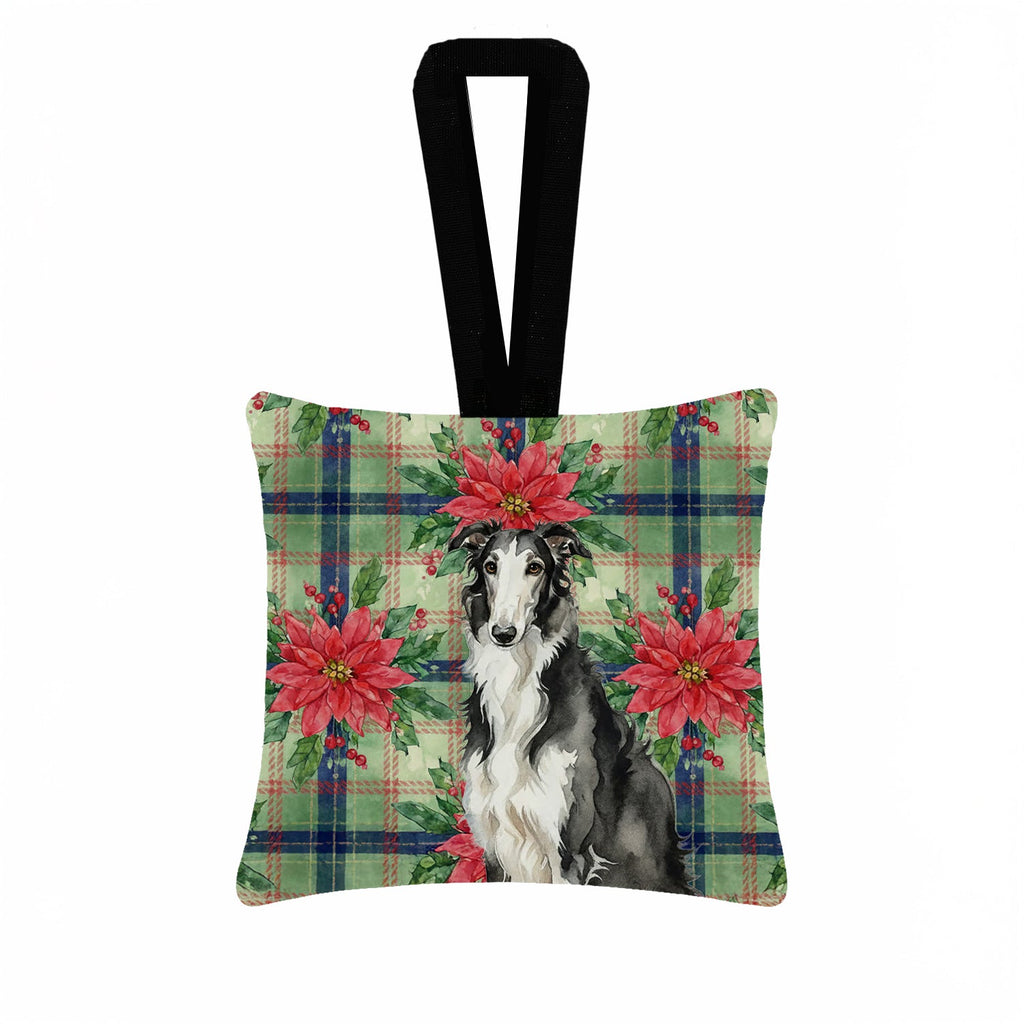 Black and White Borzoi Christmas PoinsettIas Hanging Square Fabric Ornament 3.5 � 3.5 Decorative Door-Knob & Tree Hanger, Soft Fabric