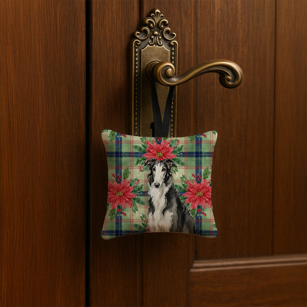Black and White Borzoi Christmas PoinsettIas Hanging Square Fabric Ornament 3.5 � 3.5 Decorative Door-Knob & Tree Hanger, Soft Fabric