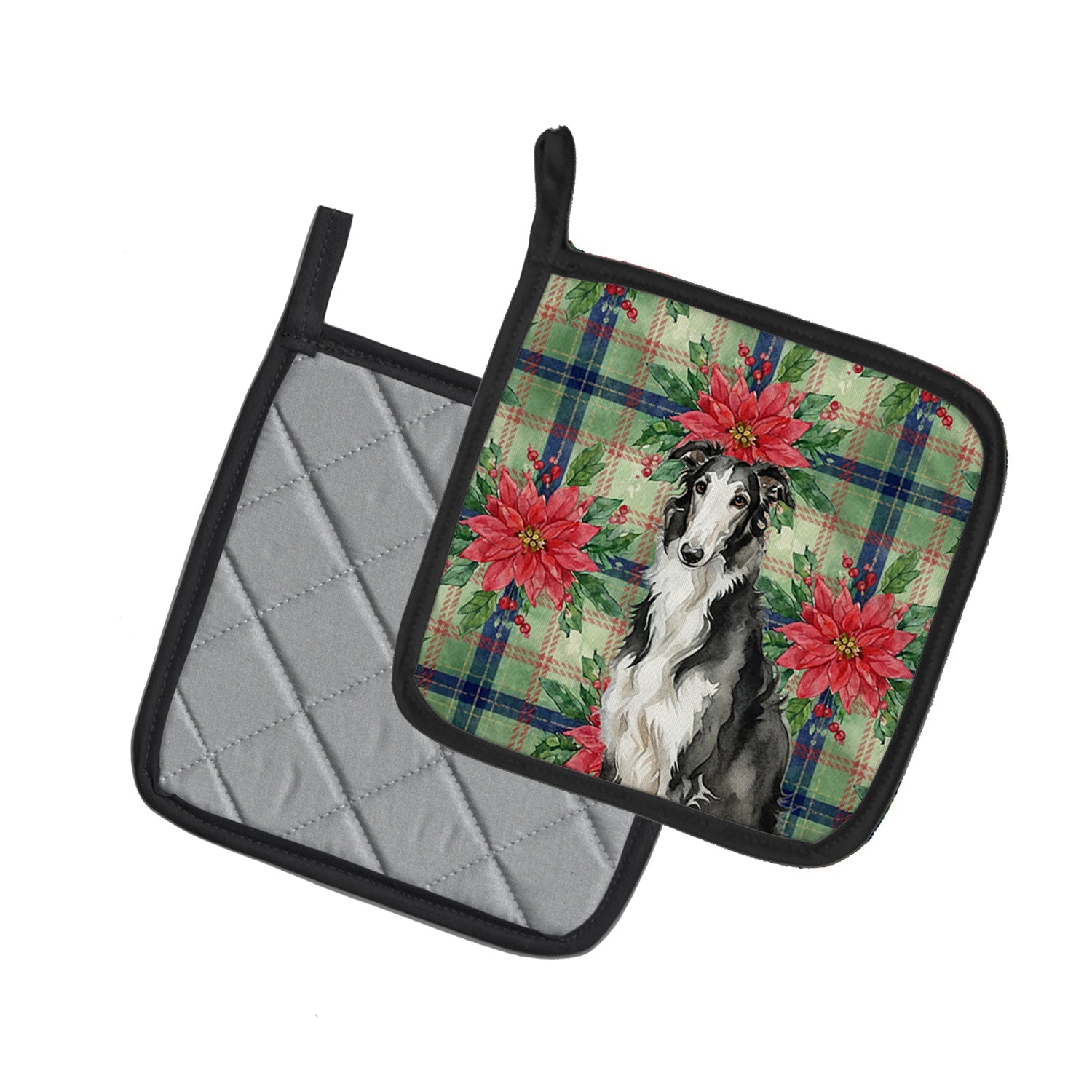 Black and White Borzoi Christmas PoinsettIas Pot Holder Set of 2 Heat Resistant Quilted Hot Pads 7.5 x 7.5 Inch, Insulated Kitchen Trivets for Cooking & Baking