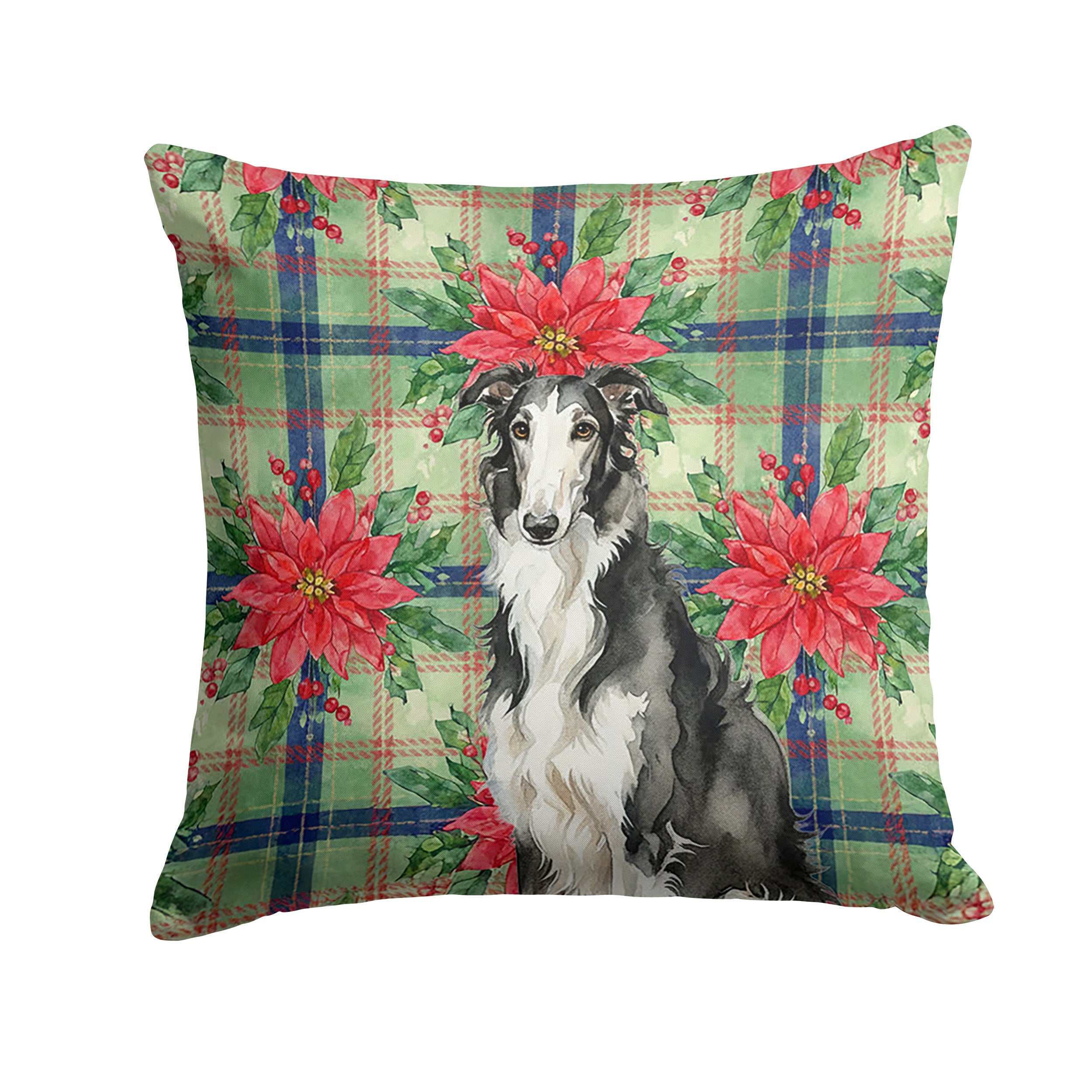 Black and White Borzoi Christmas PoinsettIas Decorative Throw Pillow 14x14 Indoor Outdoor Accent Cushion, Fabric Cover with Insert for Sofa, Bed, Porch & Living Room