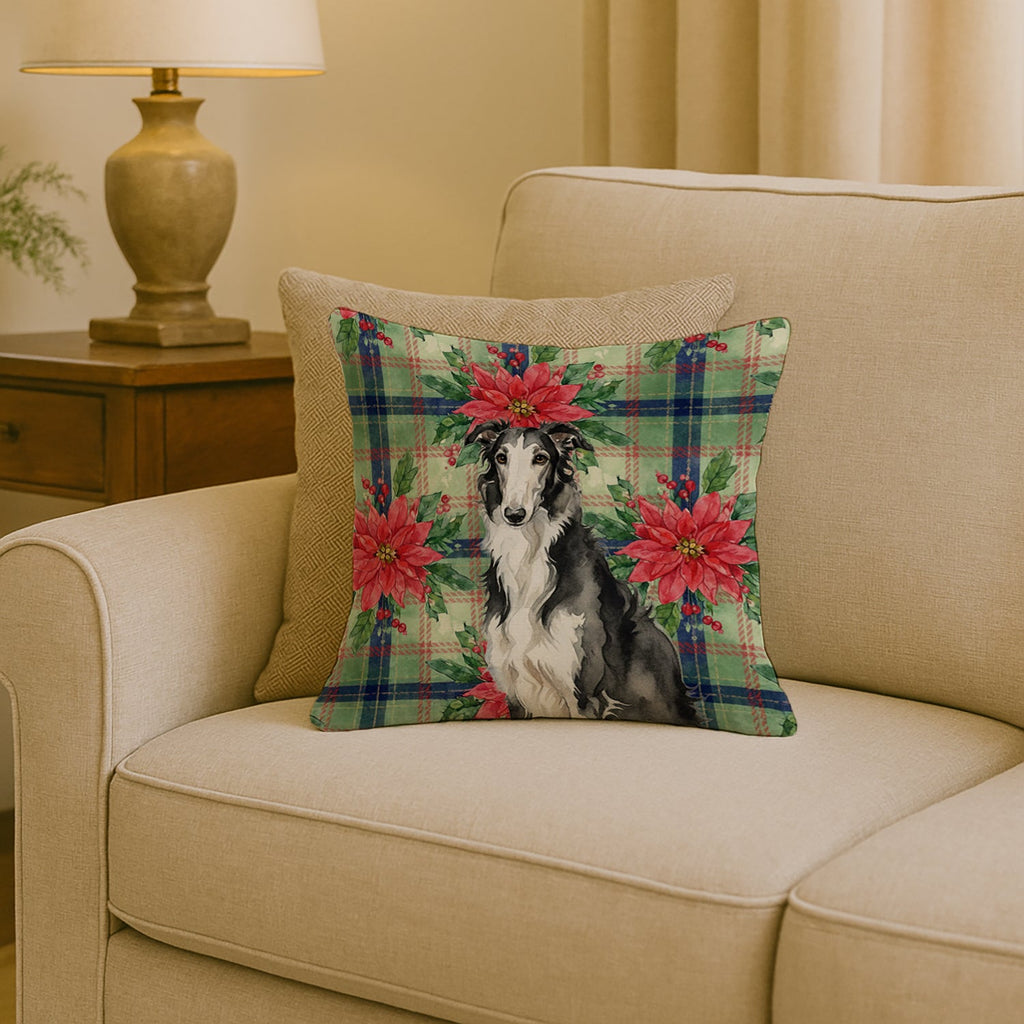 Black and White Borzoi Christmas PoinsettIas Decorative Throw Pillow 18x18 Indoor Outdoor Accent Cushion, Fabric Cover with Insert for Sofa, Bed, Porch & Living Room