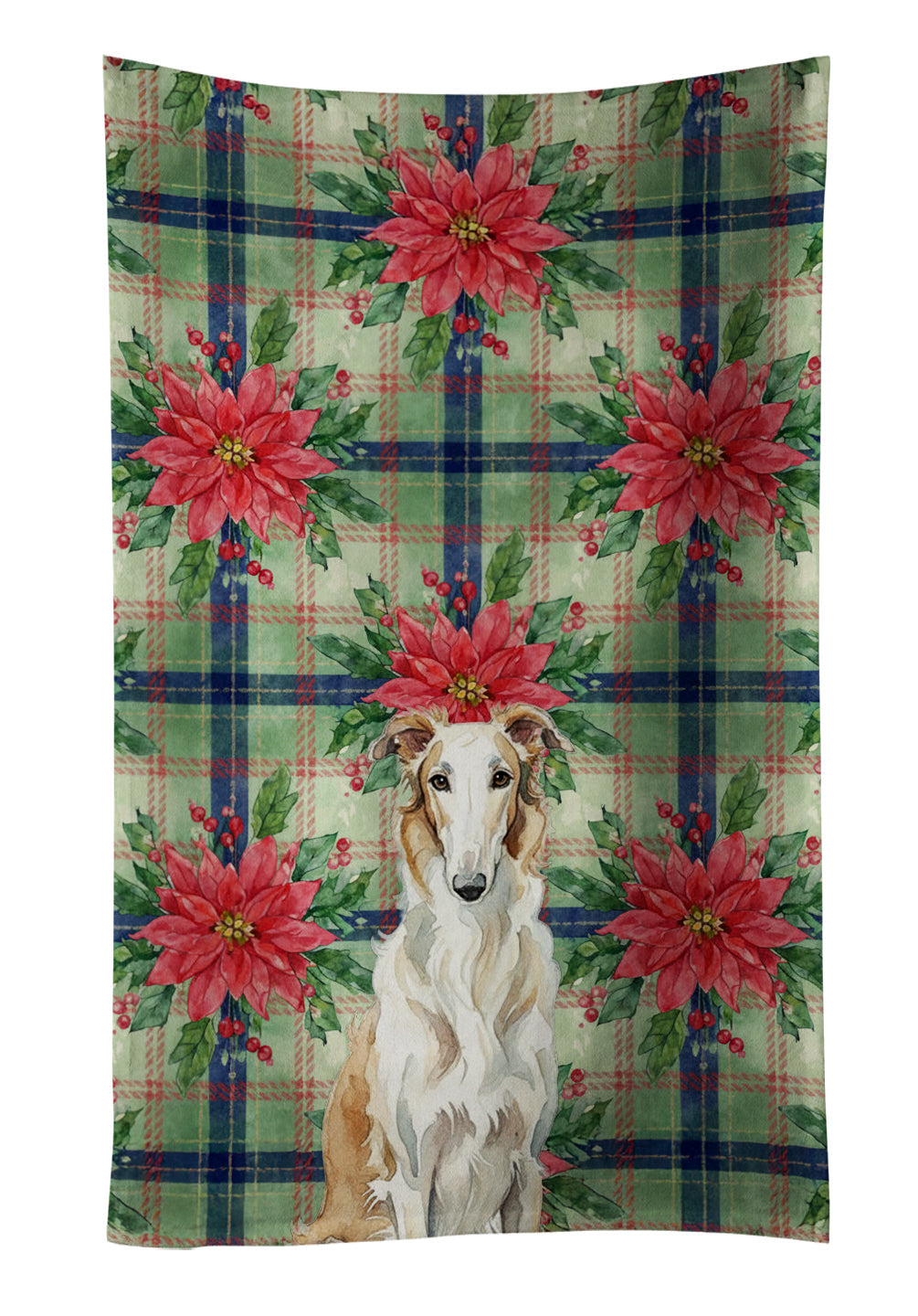 Borzoi Christmas PoinsettIas Kitchen Towel Velour Plush Front and Cotton Loop Back Machine Washable