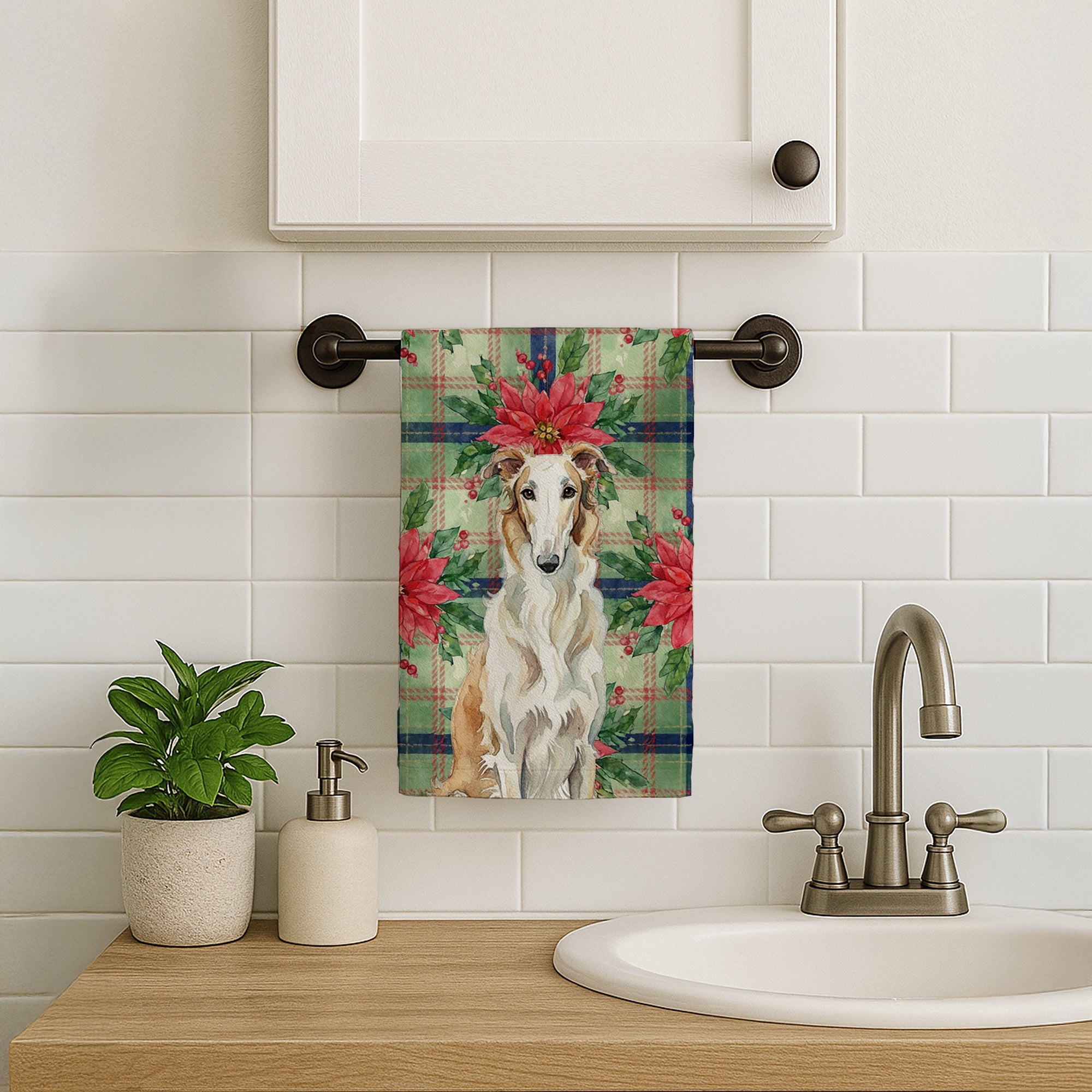 Borzoi Christmas PoinsettIas Kitchen Towel Velour Plush Front and Cotton Loop Back Machine Washable