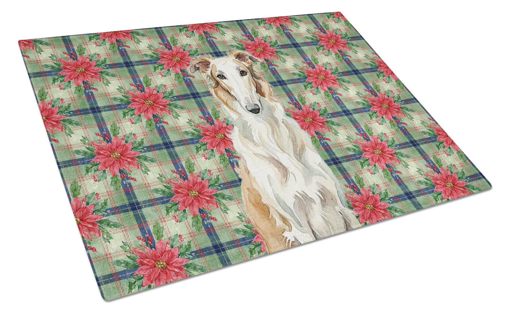 Borzoi Christmas PoinsettIas Cutting Board Tempered Glass Kitchen Cutting Surface, Heat Resistant Chopping, Non-Slip Feet, Food Prep & Serving