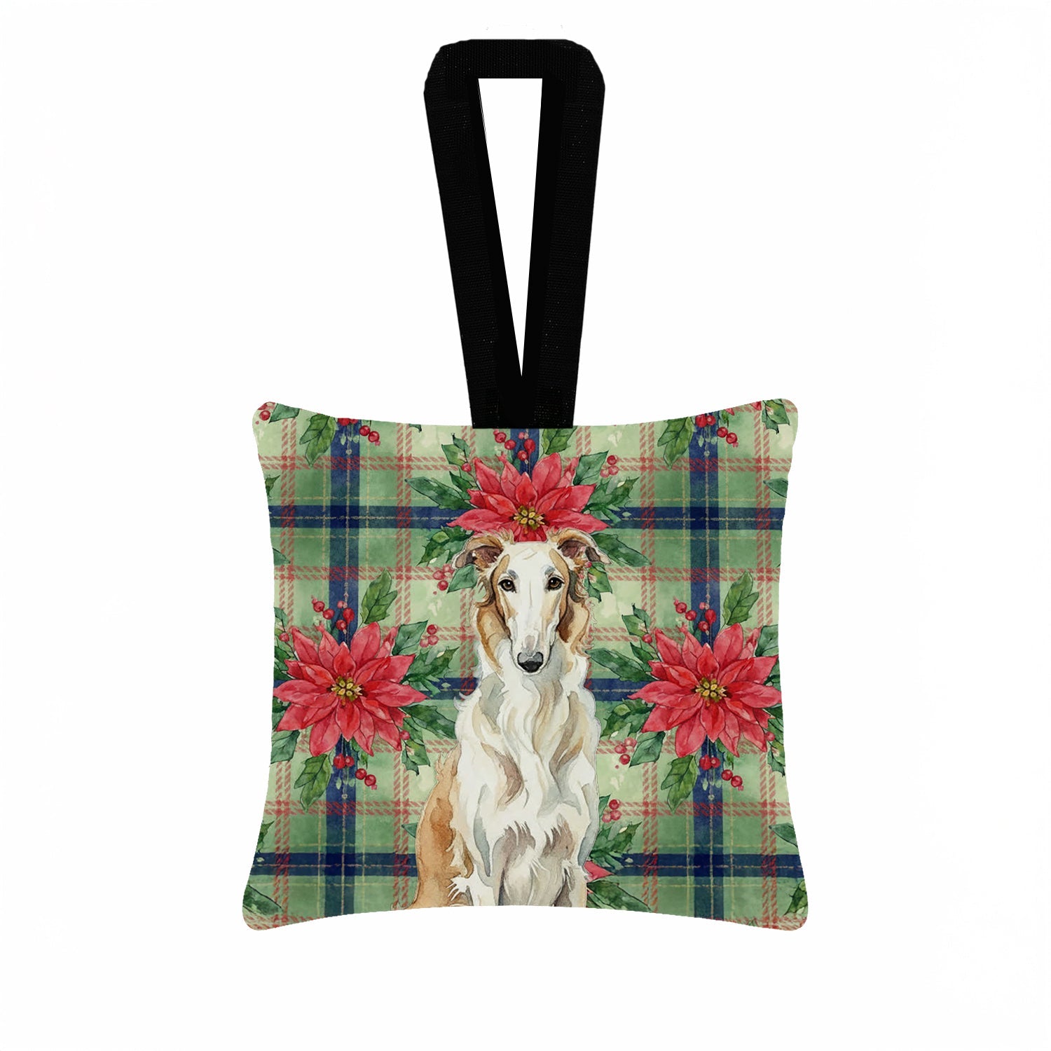 Borzoi Christmas PoinsettIas Hanging Square Fabric Ornament 3.5 � 3.5 Decorative Door-Knob & Tree Hanger, Soft Fabric