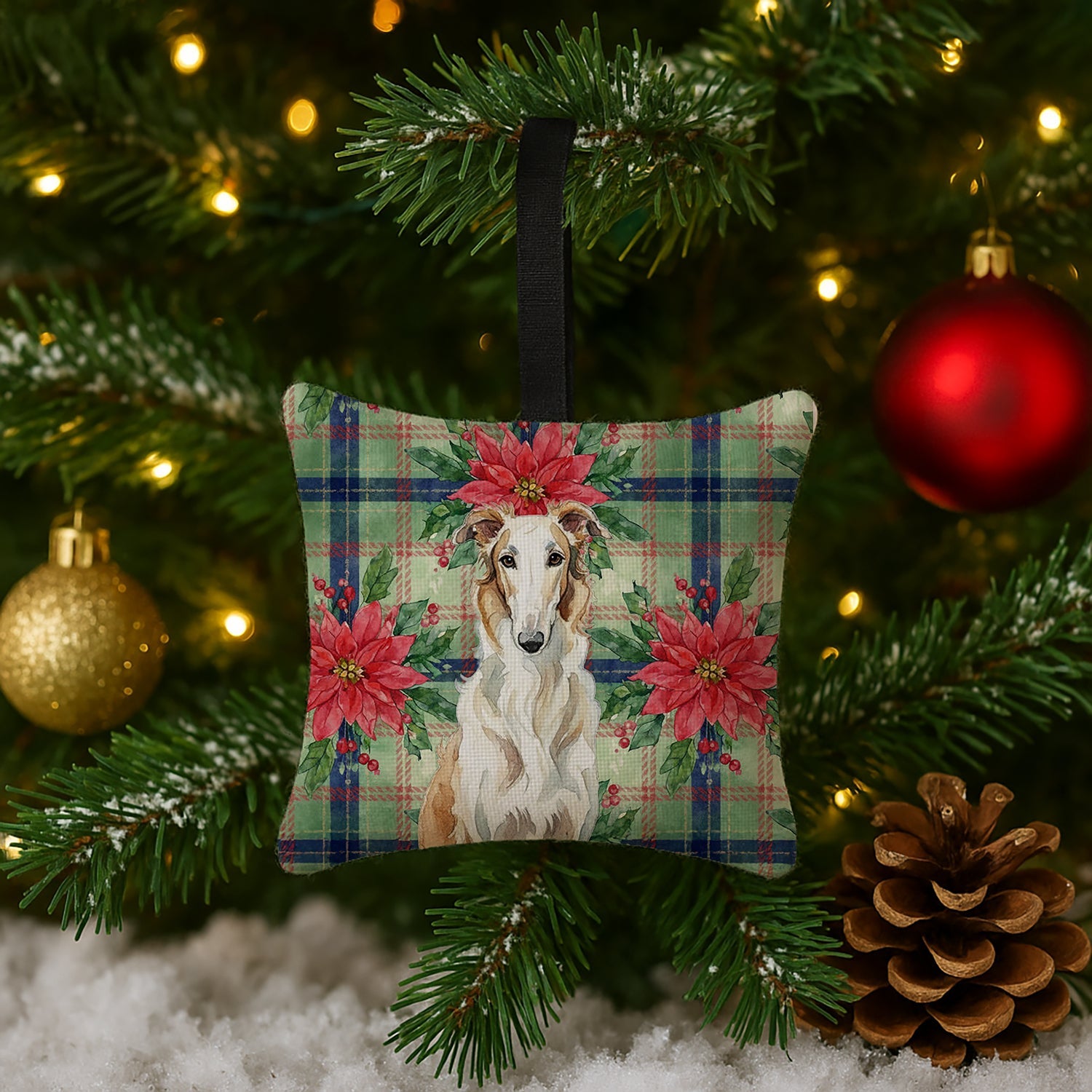 Borzoi Christmas PoinsettIas Hanging Square Fabric Ornament 3.5 � 3.5 Decorative Door-Knob & Tree Hanger, Soft Fabric