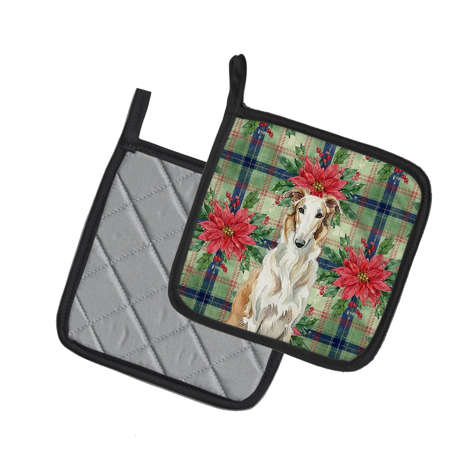 Borzoi Christmas PoinsettIas Pot Holder Set of 2 Heat Resistant Quilted Hot Pads 7.5 x 7.5 Inch, Insulated Kitchen Trivets for Cooking & Baking