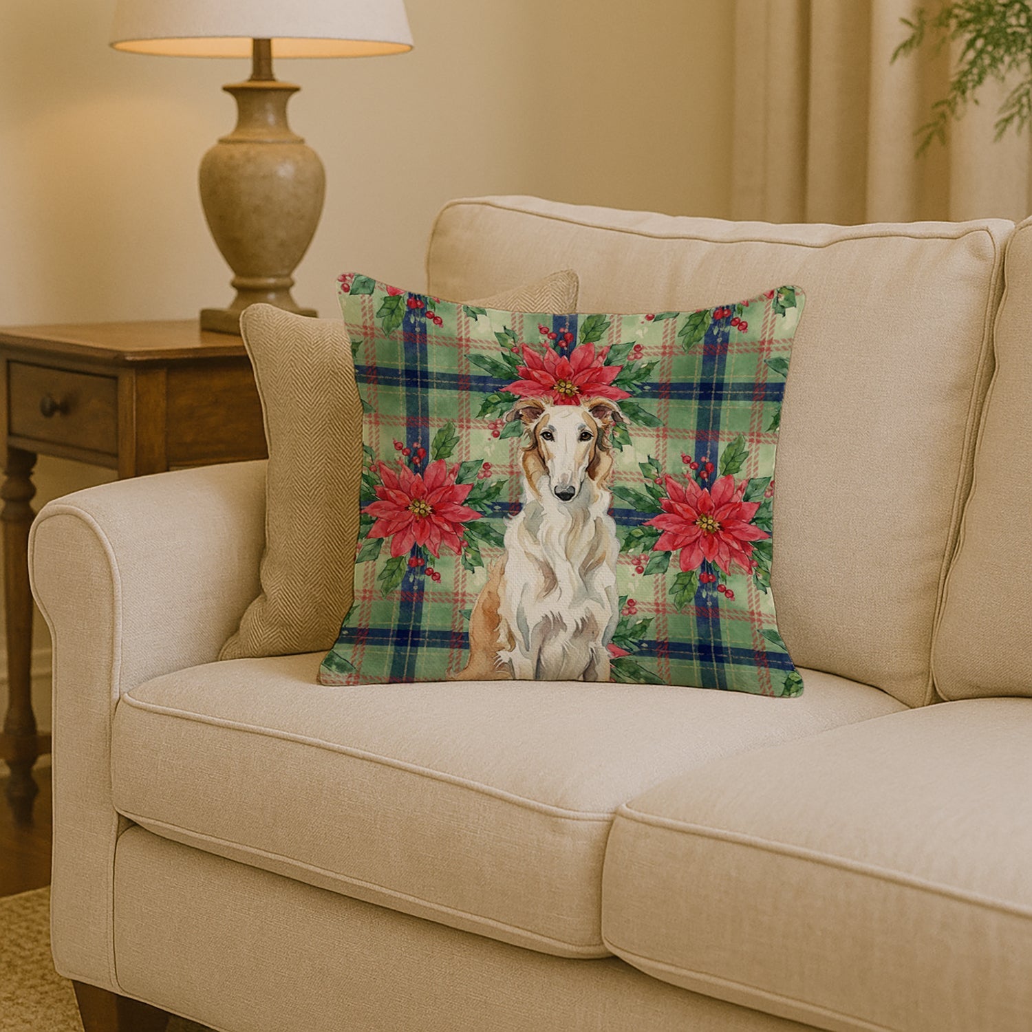 Borzoi Christmas PoinsettIas Decorative Throw Pillow 14x14 Indoor Outdoor Accent Cushion, Fabric Cover with Insert for Sofa, Bed, Porch & Living Room