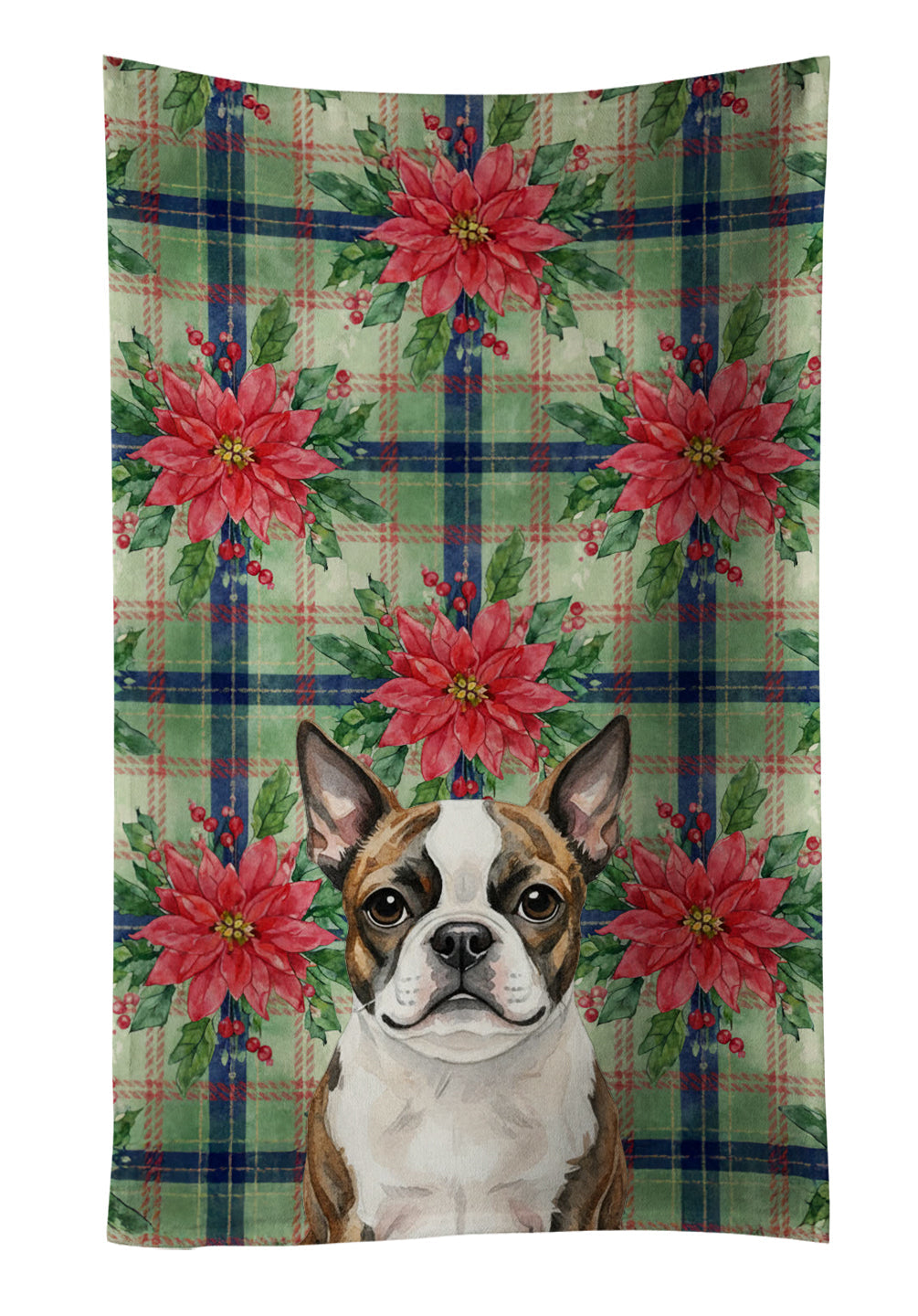 Brindle Boston Terrier Christmas PoinsettIas Kitchen Towel Velour Plush Front and Cotton Loop Back Machine Washable