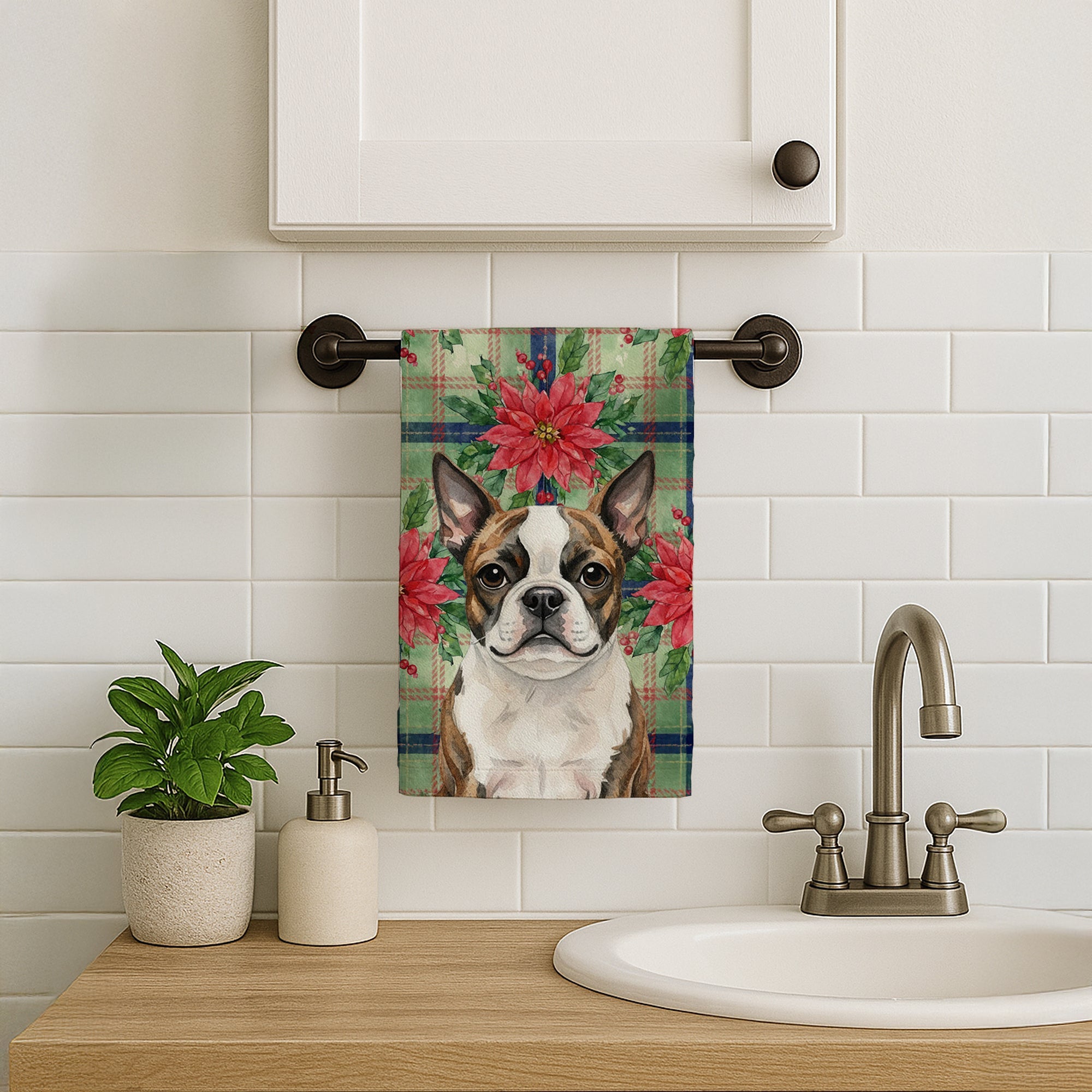 Brindle Boston Terrier Christmas PoinsettIas Kitchen Towel Velour Plush Front and Cotton Loop Back Machine Washable