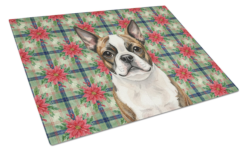 Brindle Boston Terrier Christmas PoinsettIas Cutting Board Tempered Glass Kitchen Cutting Surface, Heat Resistant Chopping, Non-Slip Feet, Food Prep & Serving
