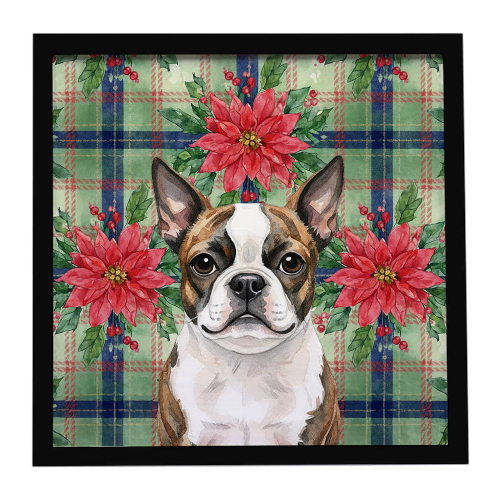 Brindle Boston Terrier Christmas PoinsettIas Framed Metal Print Bathroom, Kitchen, Office, Home Decor Wall Art Ready to Hang, Square, 8X8