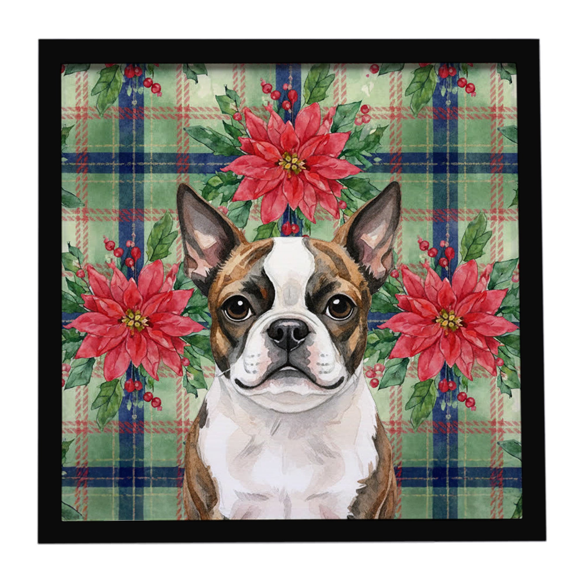 Brindle Boston Terrier Christmas PoinsettIas Framed Metal Print Bathroom, Kitchen, Office, Home Decor Wall Art Ready to Hang, Square, 8X8