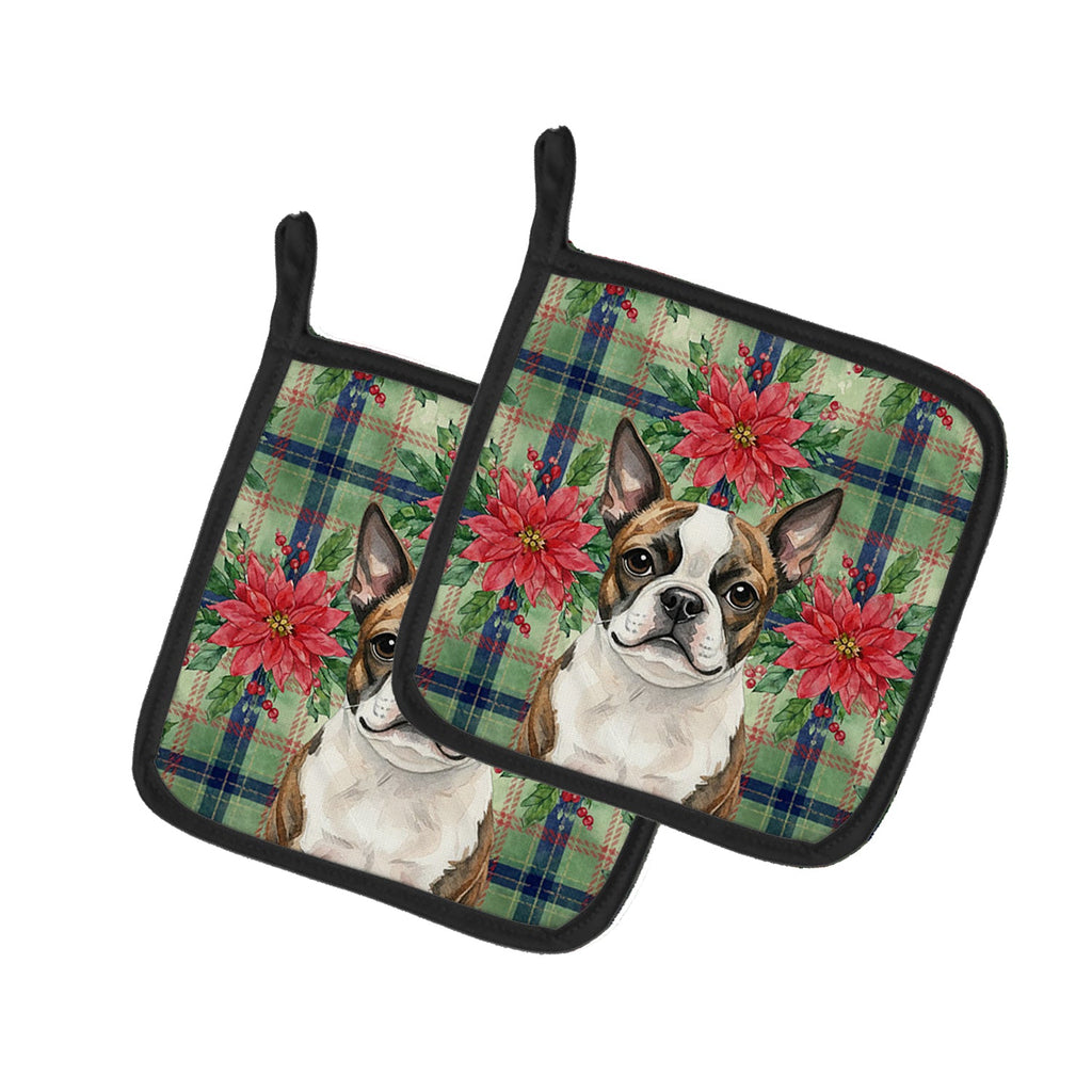 Brindle Boston Terrier Christmas PoinsettIas Pot Holder Set of 2 Heat Resistant Quilted Hot Pads 7.5 x 7.5 Inch, Insulated Kitchen Trivets for Cooking & Baking