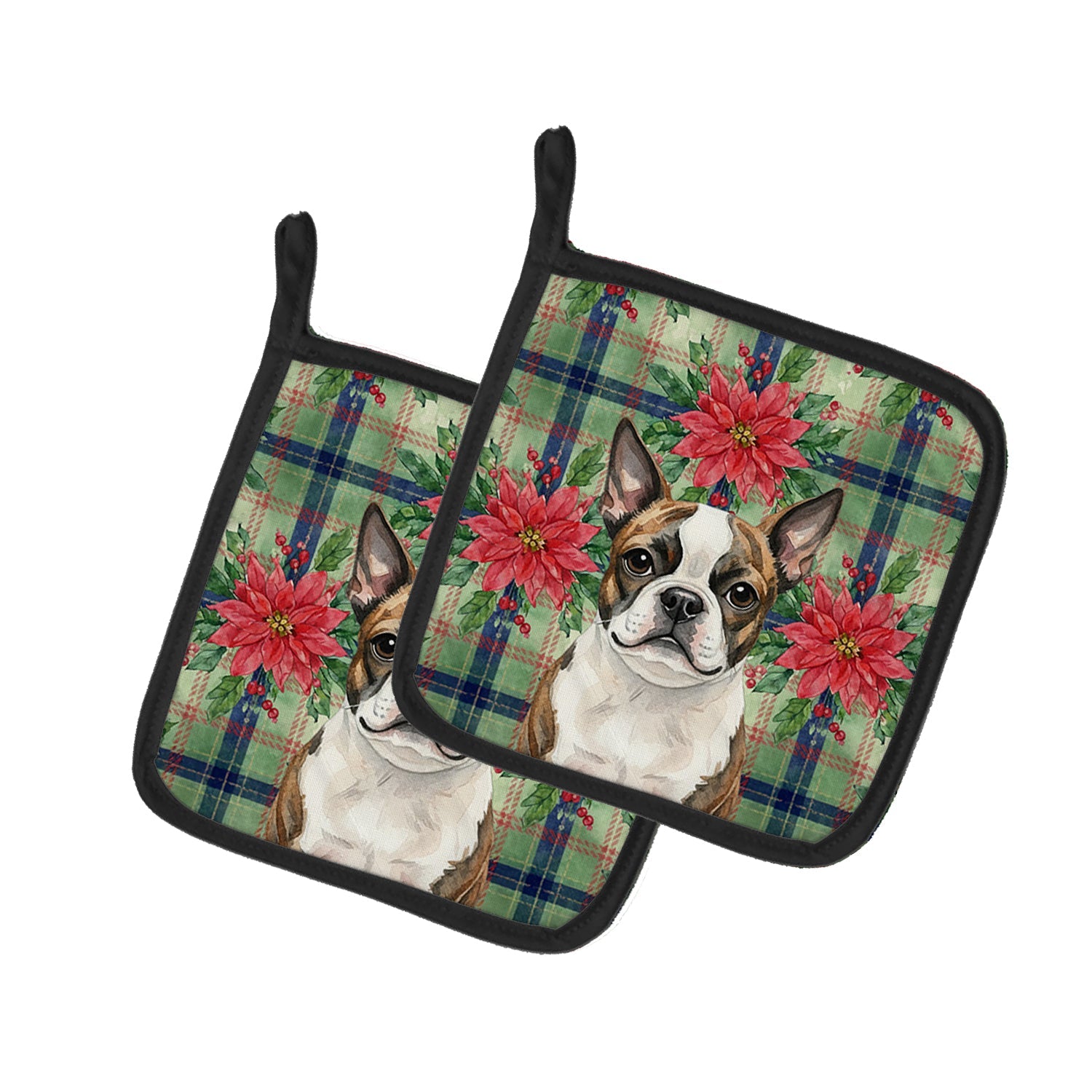 Brindle Boston Terrier Christmas PoinsettIas Pot Holder Set of 2 Heat Resistant Quilted Hot Pads 7.5 x 7.5 Inch, Insulated Kitchen Trivets for Cooking & Baking