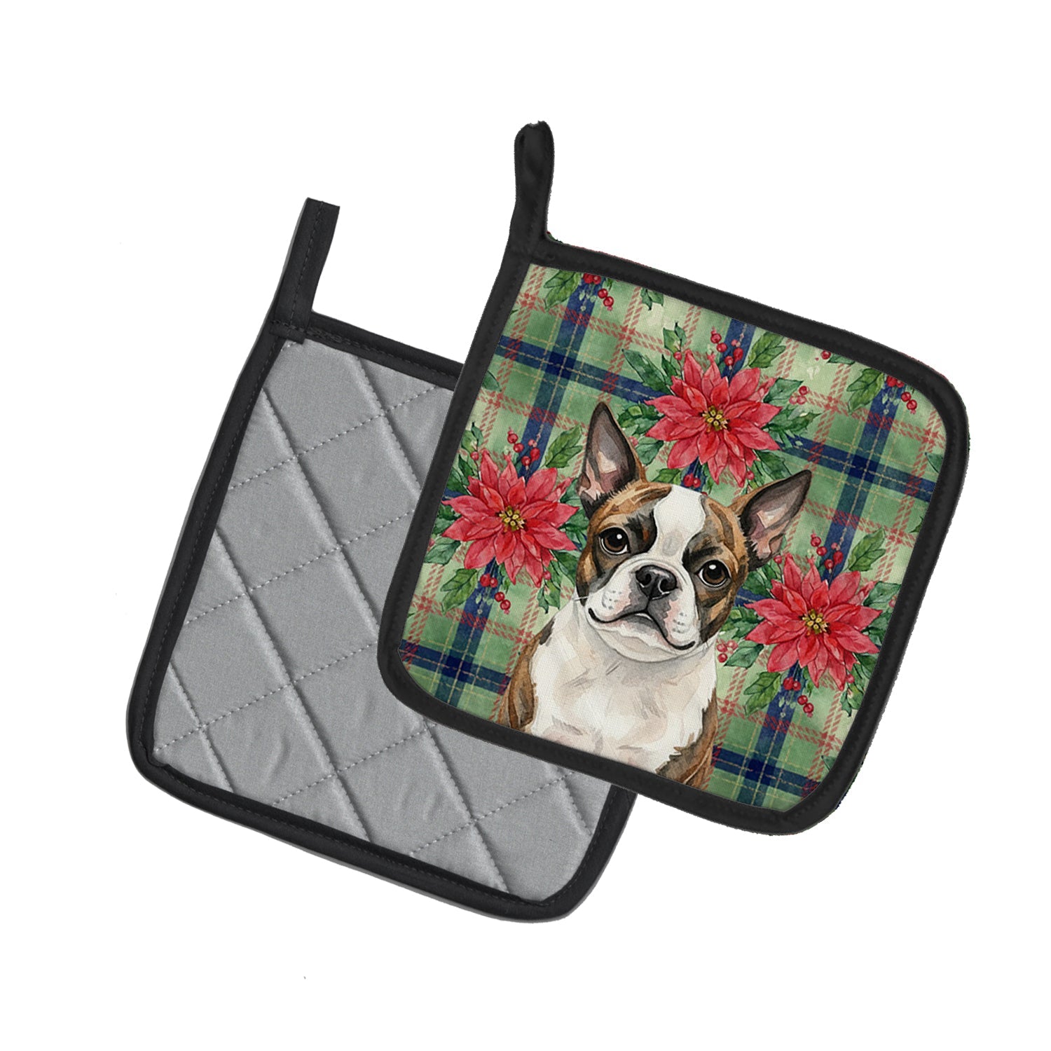 Brindle Boston Terrier Christmas PoinsettIas Pot Holder Set of 2 Heat Resistant Quilted Hot Pads 7.5 x 7.5 Inch, Insulated Kitchen Trivets for Cooking & Baking