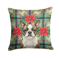 Brindle Boston Terrier Christmas PoinsettIas Decorative Throw Pillow 14x14 Indoor Outdoor Accent Cushion, Fabric Cover with Insert for Sofa, Bed, Porch & Living Room