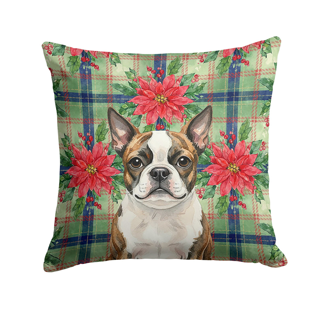 Brindle Boston Terrier Christmas PoinsettIas Decorative Throw Pillow 18x18 Indoor Outdoor Accent Cushion, Fabric Cover with Insert for Sofa, Bed, Porch & Living Room