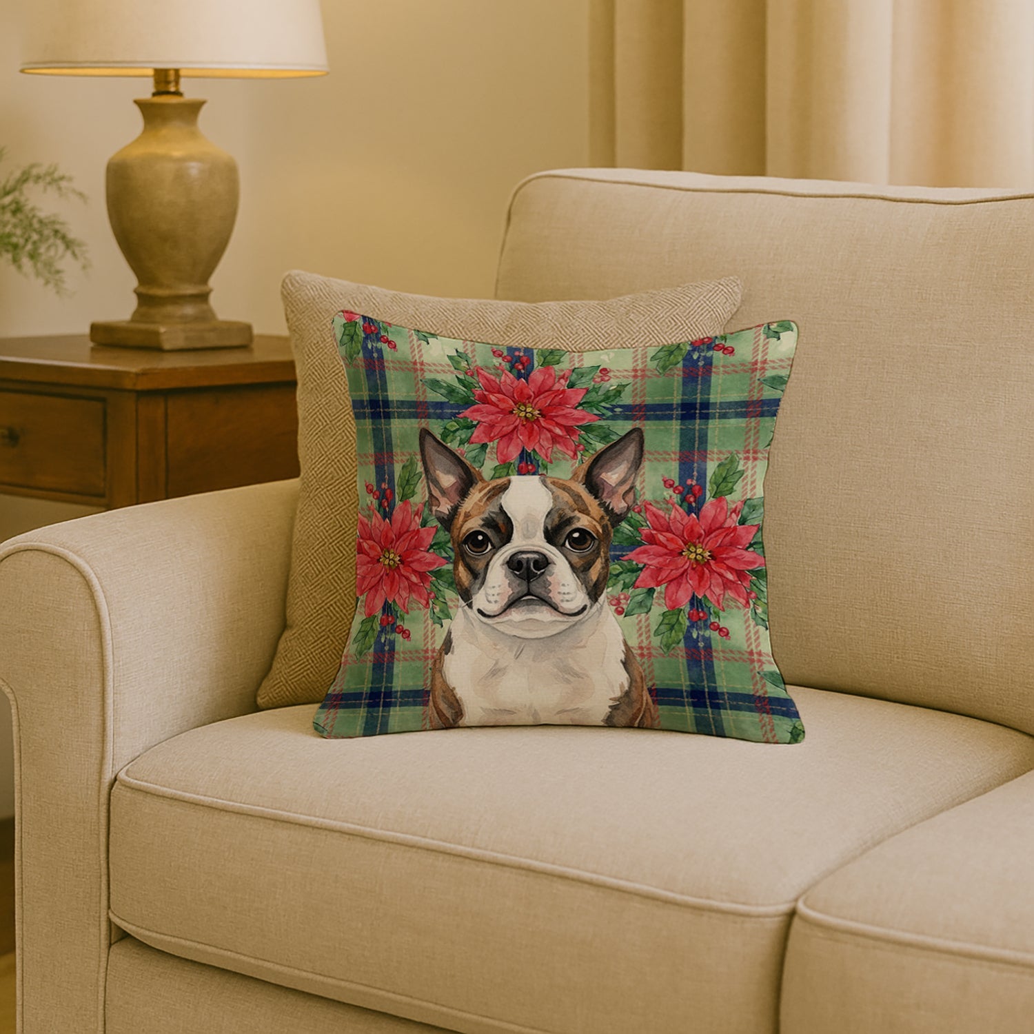 Brindle Boston Terrier Christmas PoinsettIas Decorative Throw Pillow 18x18 Indoor Outdoor Accent Cushion, Fabric Cover with Insert for Sofa, Bed, Porch & Living Room