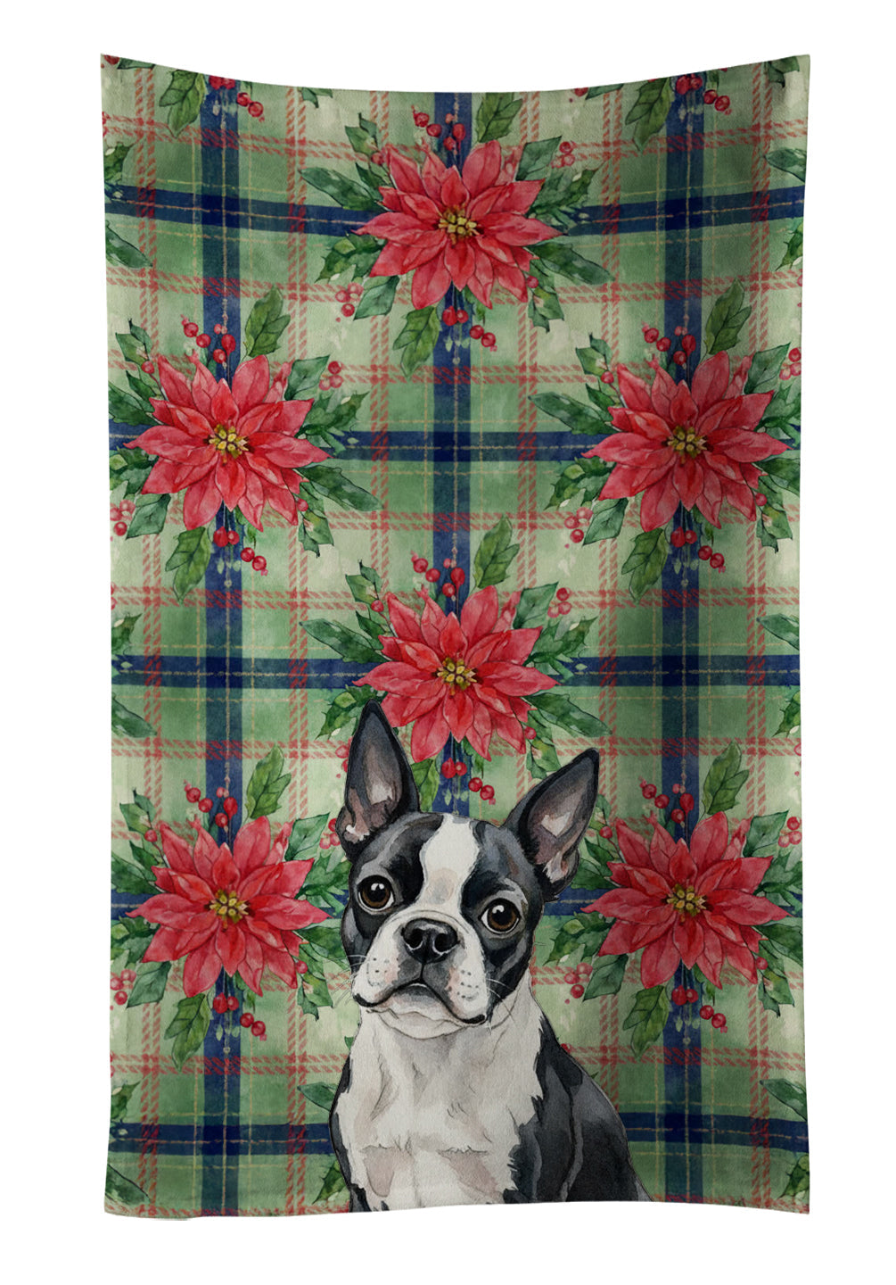 Boston Terrier Christmas PoinsettIas Kitchen Towel Velour Plush Front and Cotton Loop Back Machine Washable