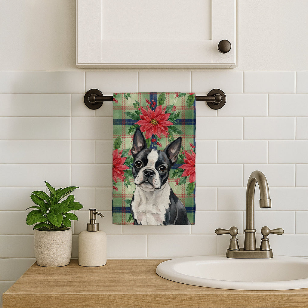 Boston Terrier Christmas PoinsettIas Kitchen Towel Velour Plush Front and Cotton Loop Back Machine Washable