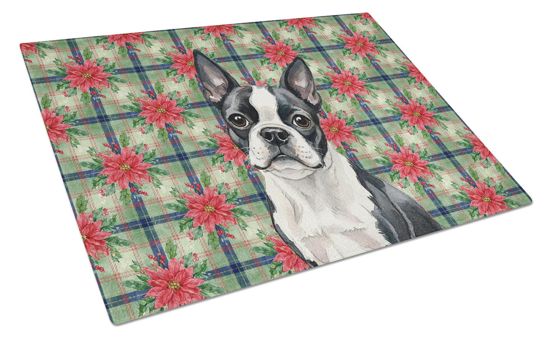 Boston Terrier Christmas PoinsettIas Cutting Board Tempered Glass Kitchen Cutting Surface, Heat Resistant Chopping, Non-Slip Feet, Food Prep & Serving
