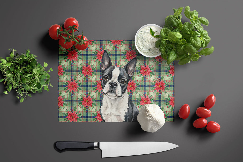 Boston Terrier Christmas PoinsettIas Cutting Board Tempered Glass Kitchen Cutting Surface, Heat Resistant Chopping, Non-Slip Feet, Food Prep & Serving