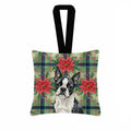 Boston Terrier Christmas PoinsettIas Hanging Square Fabric Ornament 3.5 � 3.5 Decorative Door-Knob & Tree Hanger, Soft Fabric