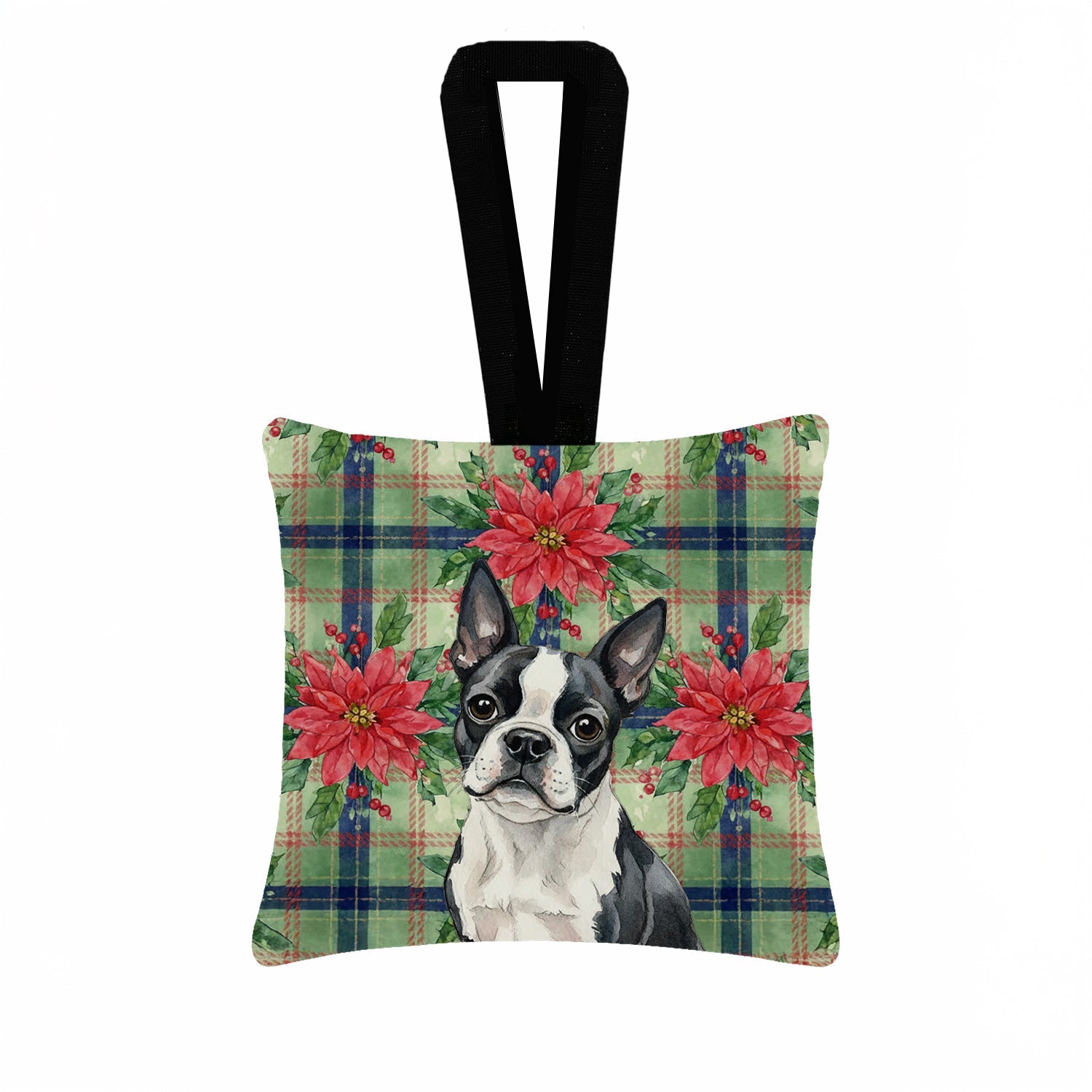 Boston Terrier Christmas PoinsettIas Hanging Square Fabric Ornament 3.5 � 3.5 Decorative Door-Knob & Tree Hanger, Soft Fabric