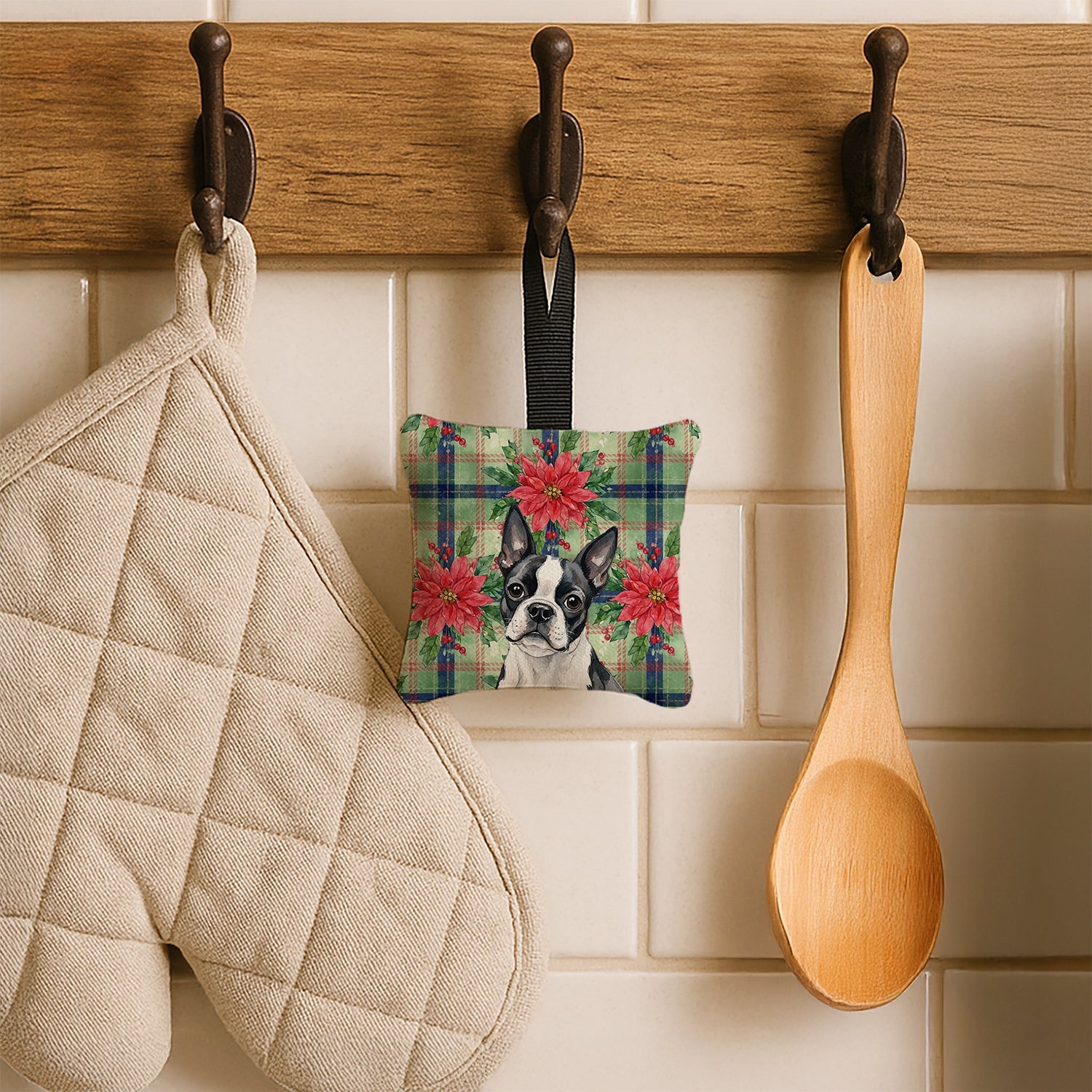 Boston Terrier Christmas PoinsettIas Hanging Square Fabric Ornament 3.5 � 3.5 Decorative Door-Knob & Tree Hanger, Soft Fabric