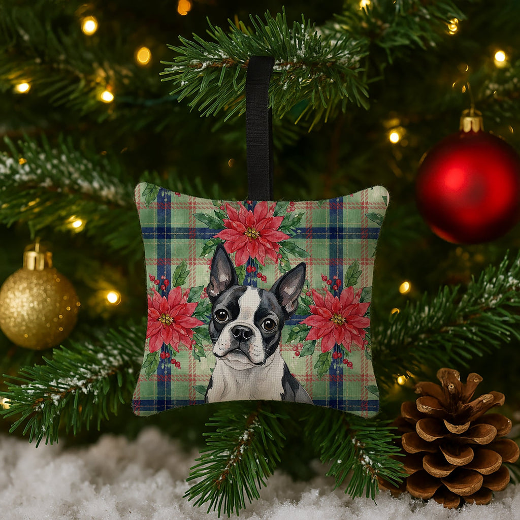 Boston Terrier Christmas PoinsettIas Hanging Square Fabric Ornament 3.5 � 3.5 Decorative Door-Knob & Tree Hanger, Soft Fabric