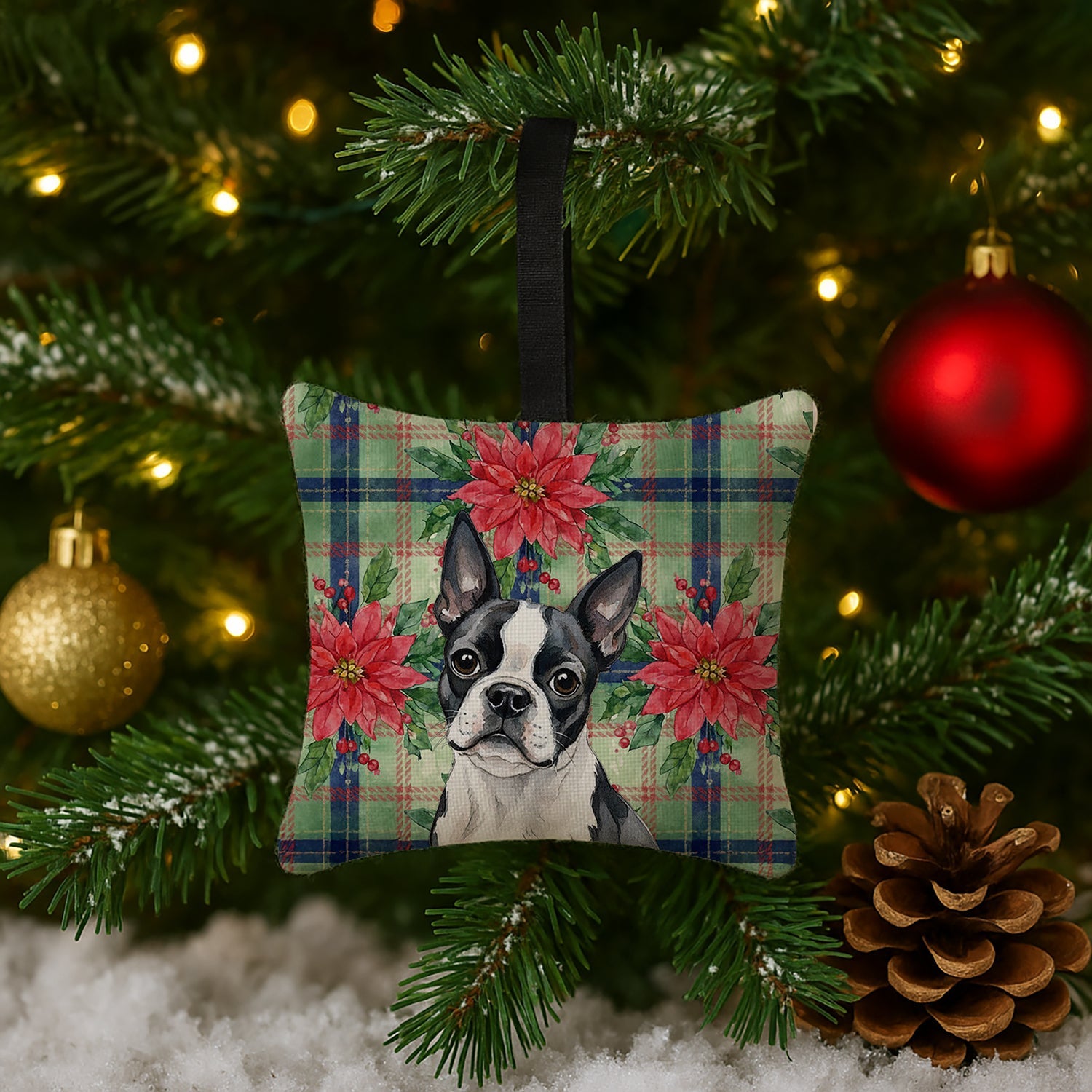 Boston Terrier Christmas PoinsettIas Hanging Square Fabric Ornament 3.5 � 3.5 Decorative Door-Knob & Tree Hanger, Soft Fabric