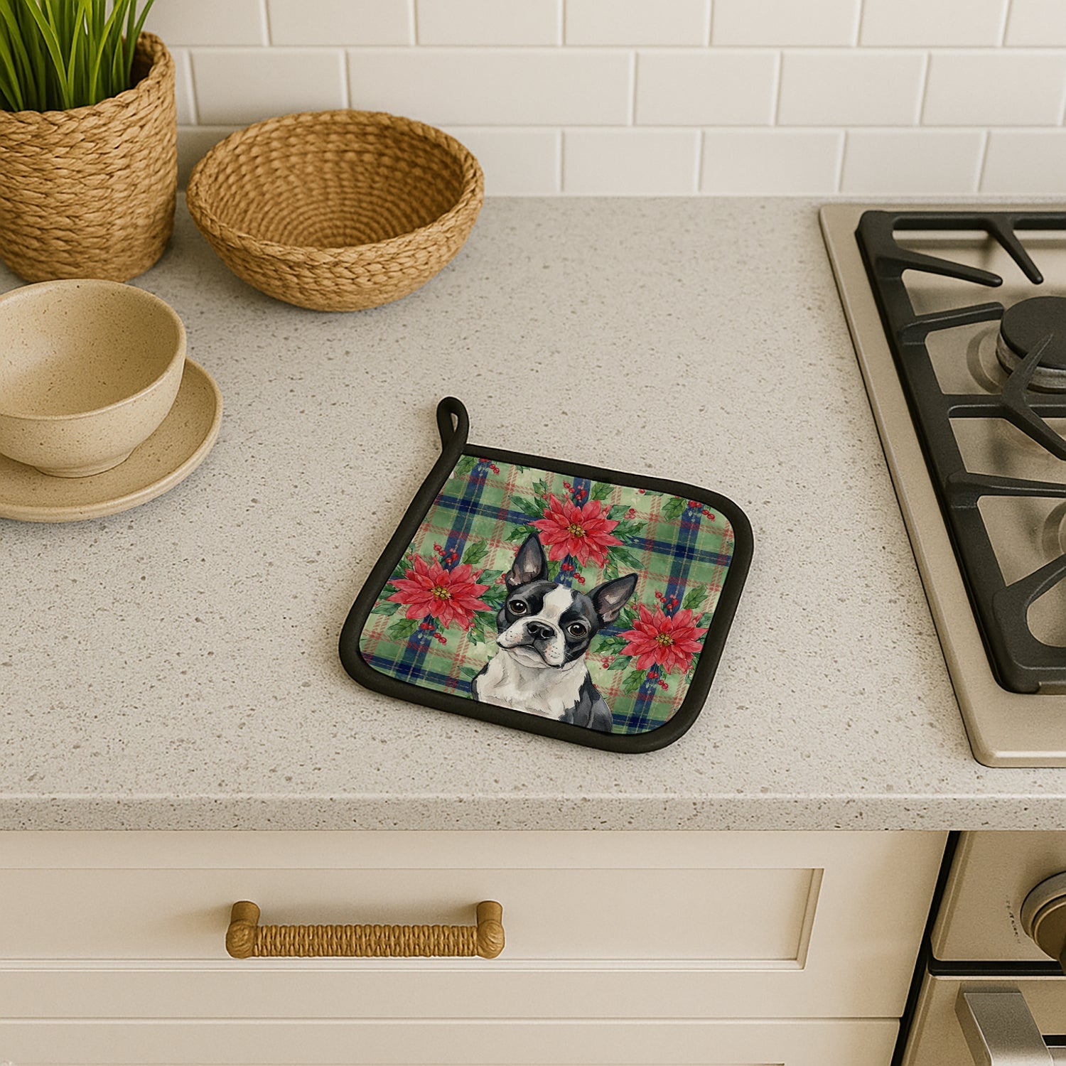 Boston Terrier Christmas PoinsettIas Pot Holder Set of 2 Heat Resistant Quilted Hot Pads 7.5 x 7.5 Inch, Insulated Kitchen Trivets for Cooking & Baking
