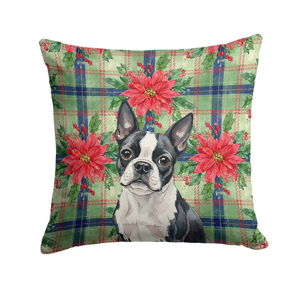 Boston Terrier Christmas PoinsettIas Decorative Throw Pillow 14x14 Indoor Outdoor Accent Cushion, Fabric Cover with Insert for Sofa, Bed, Porch & Living Room