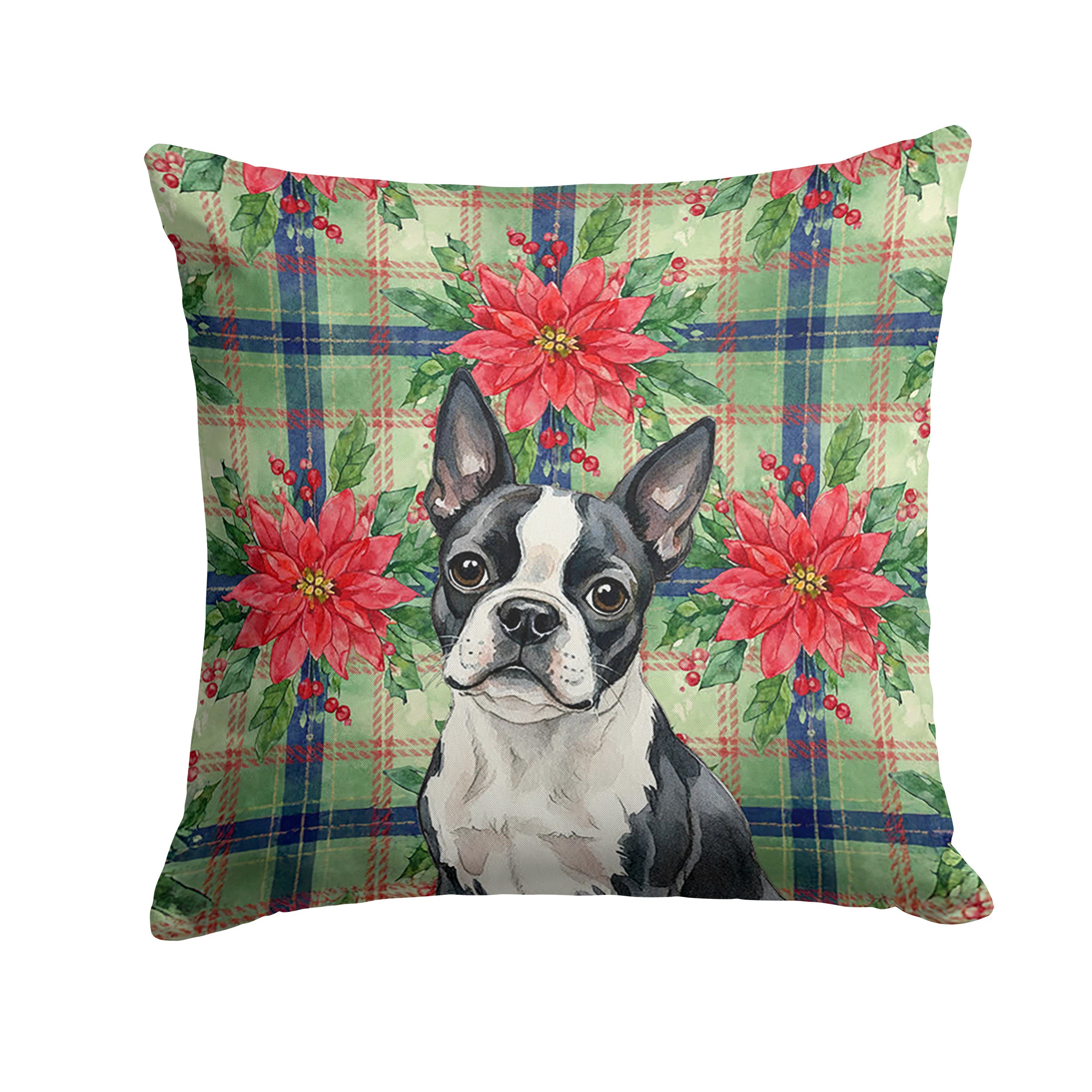 Boston Terrier Christmas PoinsettIas Decorative Throw Pillow 14x14 Indoor Outdoor Accent Cushion, Fabric Cover with Insert for Sofa, Bed, Porch & Living Room
