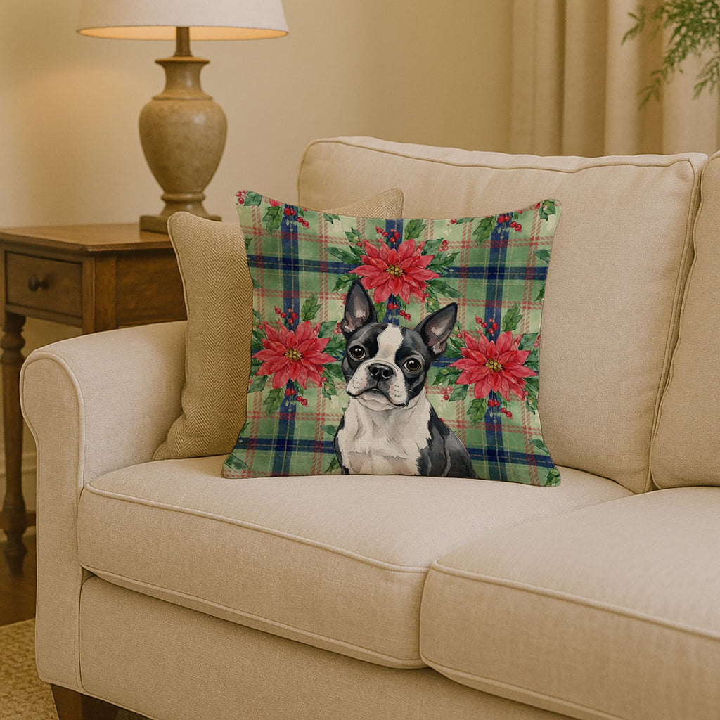 Boston Terrier Christmas PoinsettIas Decorative Throw Pillow 14x14 Indoor Outdoor Accent Cushion, Fabric Cover with Insert for Sofa, Bed, Porch & Living Room