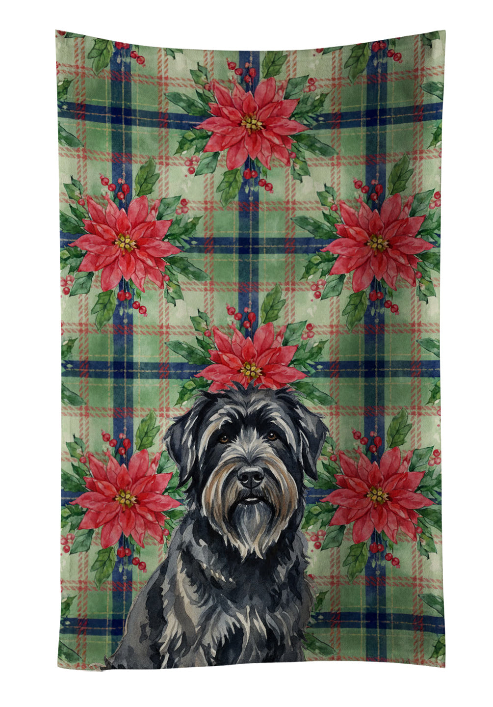 Bouvier des Flandres Christmas PoinsettIas Kitchen Towel Velour Plush Front and Cotton Loop Back Machine Washable