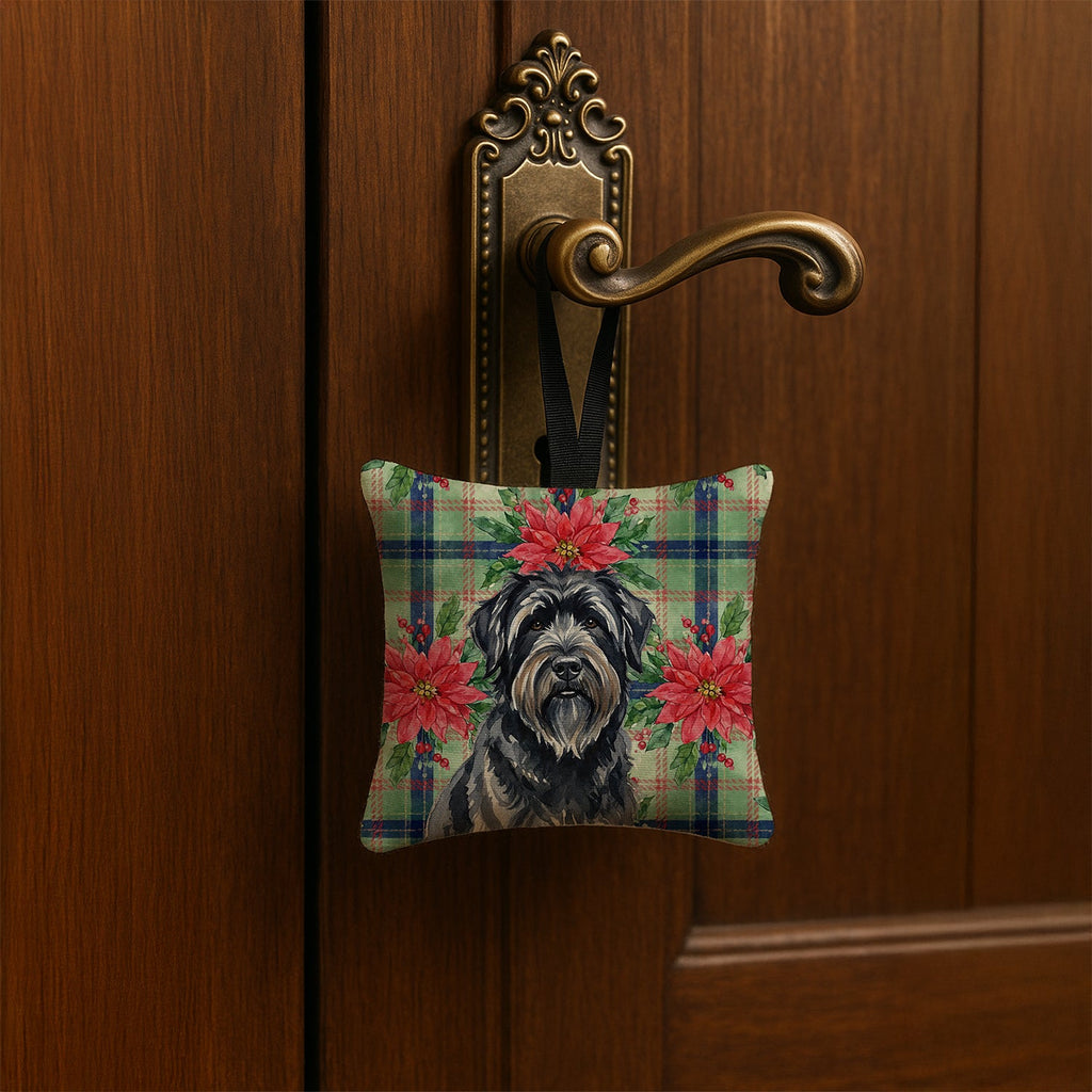 Bouvier des Flandres Christmas PoinsettIas Hanging Square Fabric Ornament 3.5 � 3.5 Decorative Door-Knob & Tree Hanger, Soft Fabric