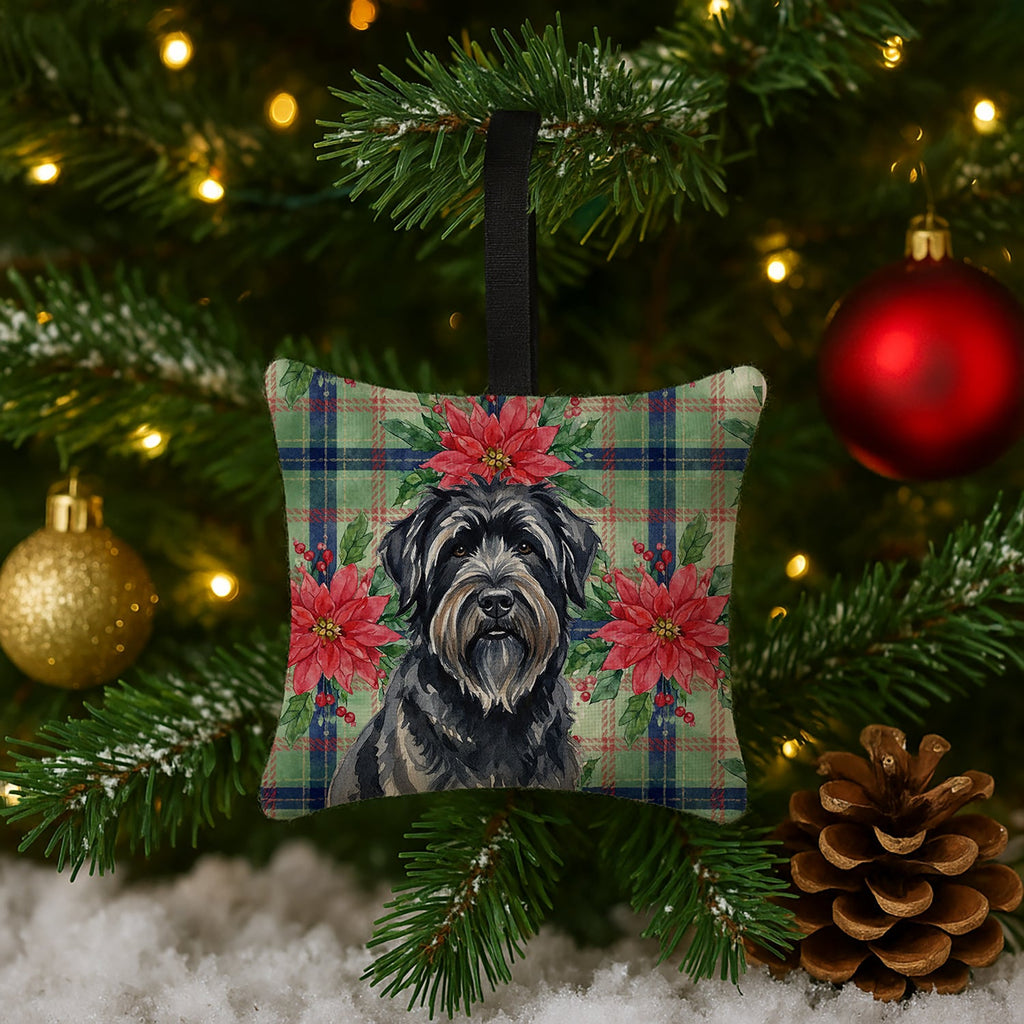 Bouvier des Flandres Christmas PoinsettIas Hanging Square Fabric Ornament 3.5 � 3.5 Decorative Door-Knob & Tree Hanger, Soft Fabric