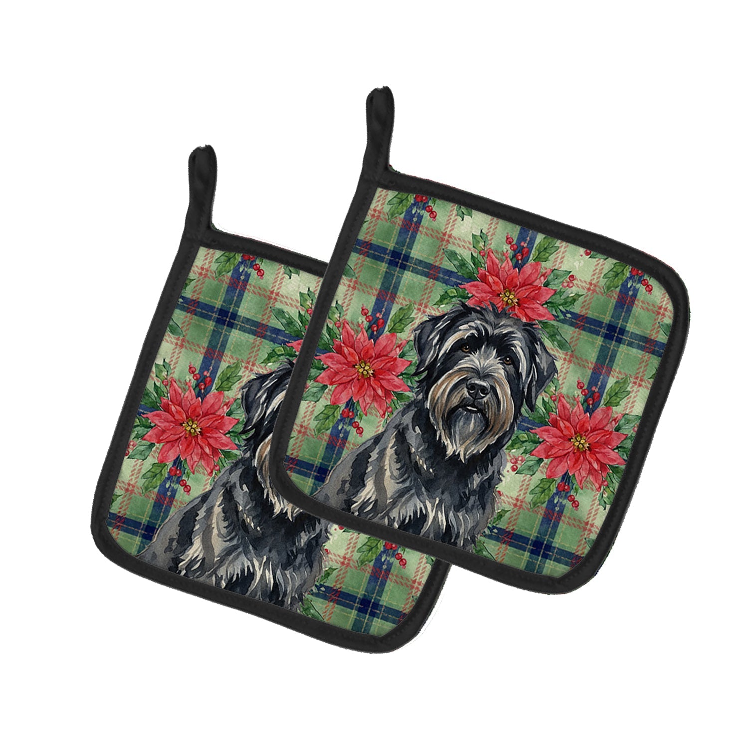 Bouvier des Flandres Christmas PoinsettIas Pot Holder Set of 2 Heat Resistant Quilted Hot Pads 7.5 x 7.5 Inch, Insulated Kitchen Trivets for Cooking & Baking