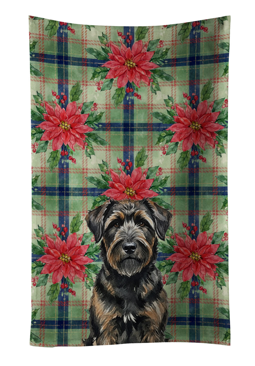 Brindle Bouvier des Flandres Christmas PoinsettIas Kitchen Towel Velour Plush Front and Cotton Loop Back Machine Washable