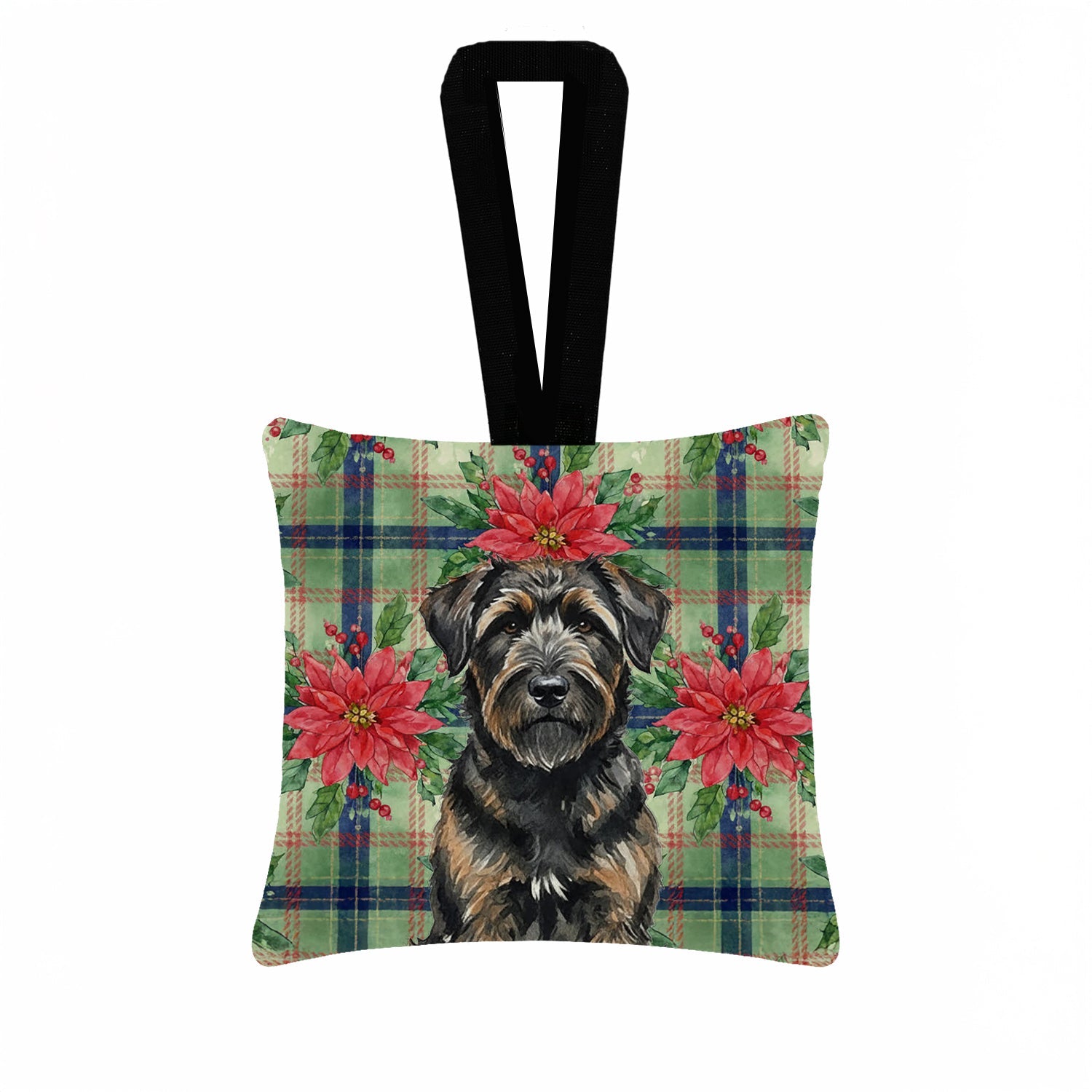 Brindle Bouvier des Flandres Christmas PoinsettIas Hanging Square Fabric Ornament 3.5 � 3.5 Decorative Door-Knob & Tree Hanger, Soft Fabric
