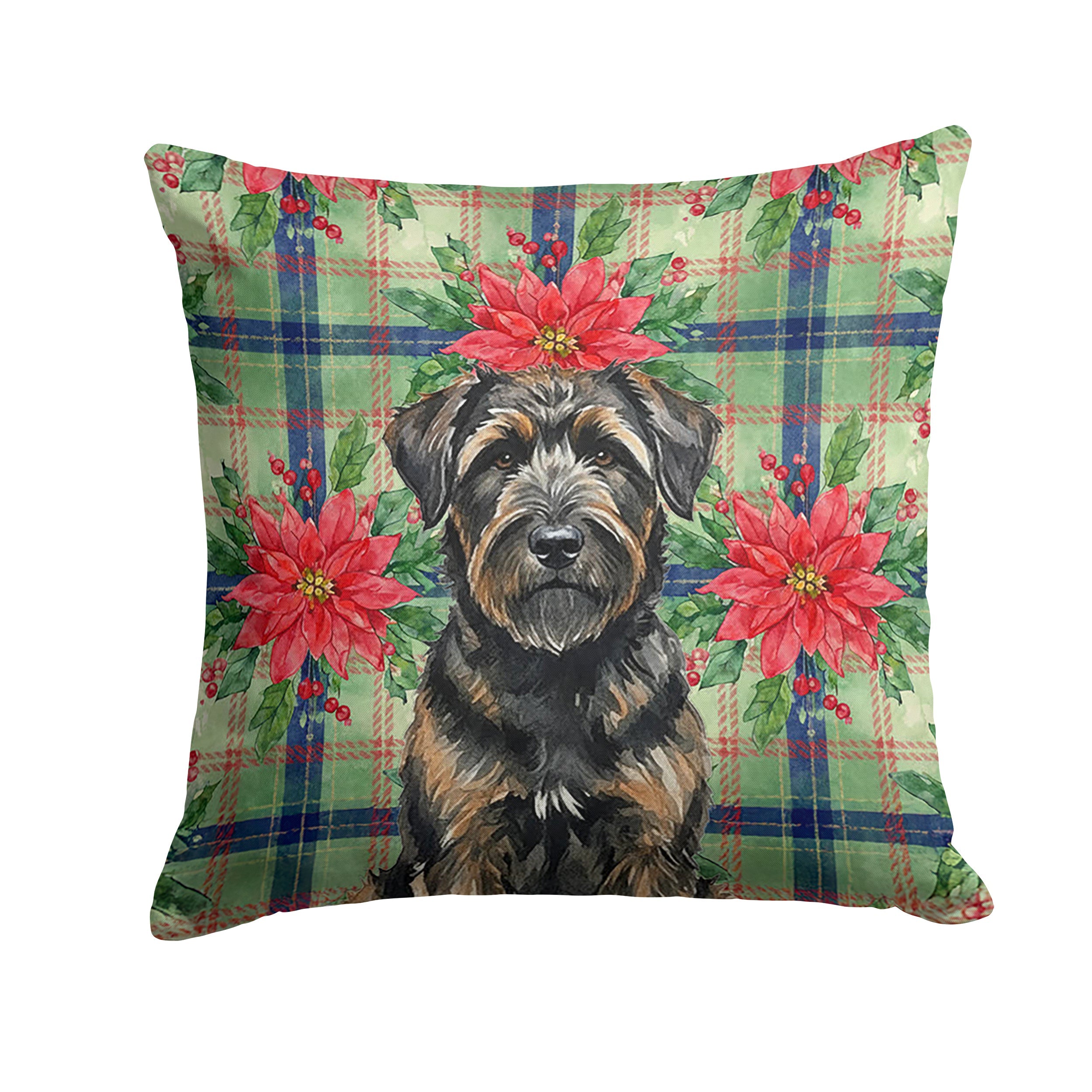 Brindle Bouvier des Flandres Christmas PoinsettIas Decorative Throw Pillow 14x14 Indoor Outdoor Accent Cushion, Fabric Cover with Insert for Sofa, Bed, Porch & Living Room
