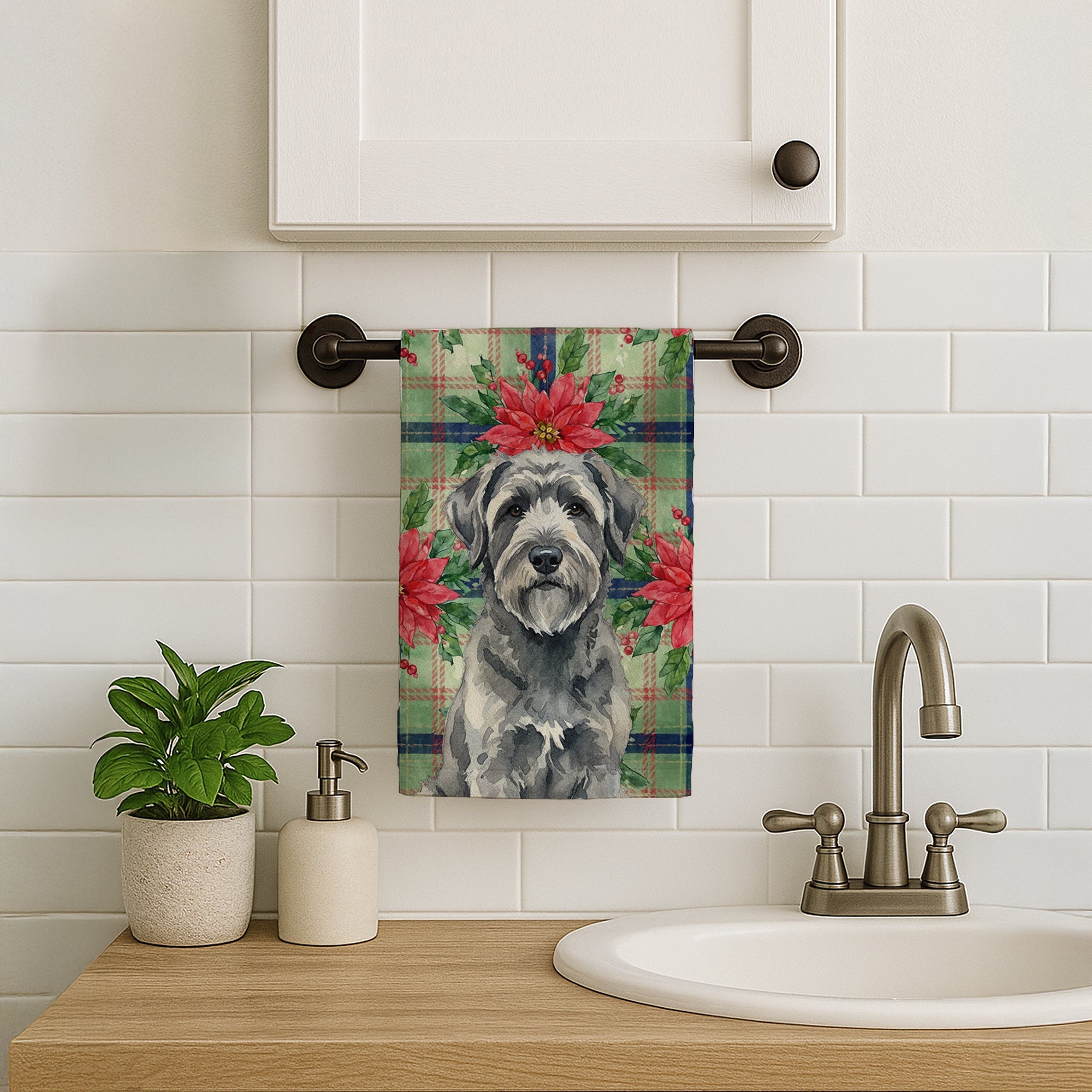 Gray Bouvier des Flandres Christmas PoinsettIas Kitchen Towel Velour Plush Front and Cotton Loop Back Machine Washable