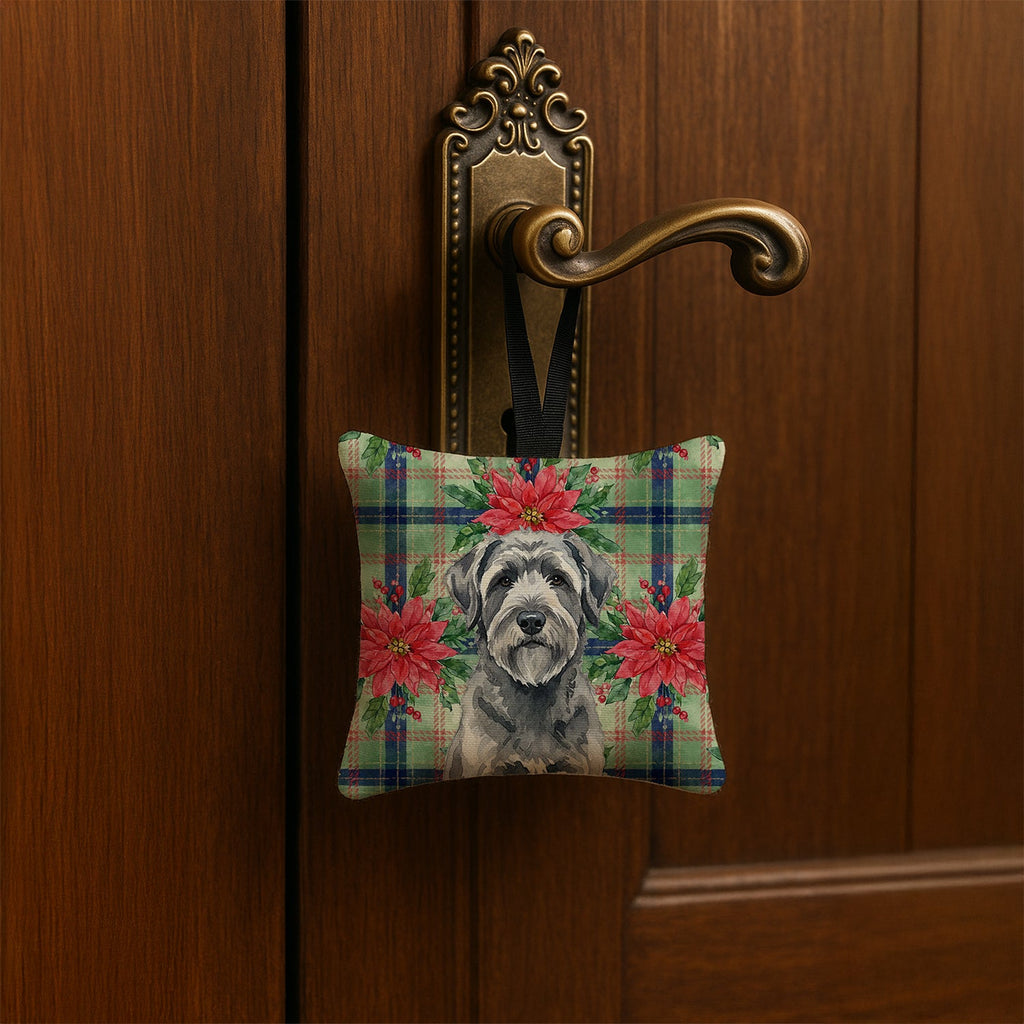 Gray Bouvier des Flandres Christmas PoinsettIas Hanging Square Fabric Ornament 3.5 � 3.5 Decorative Door-Knob & Tree Hanger, Soft Fabric