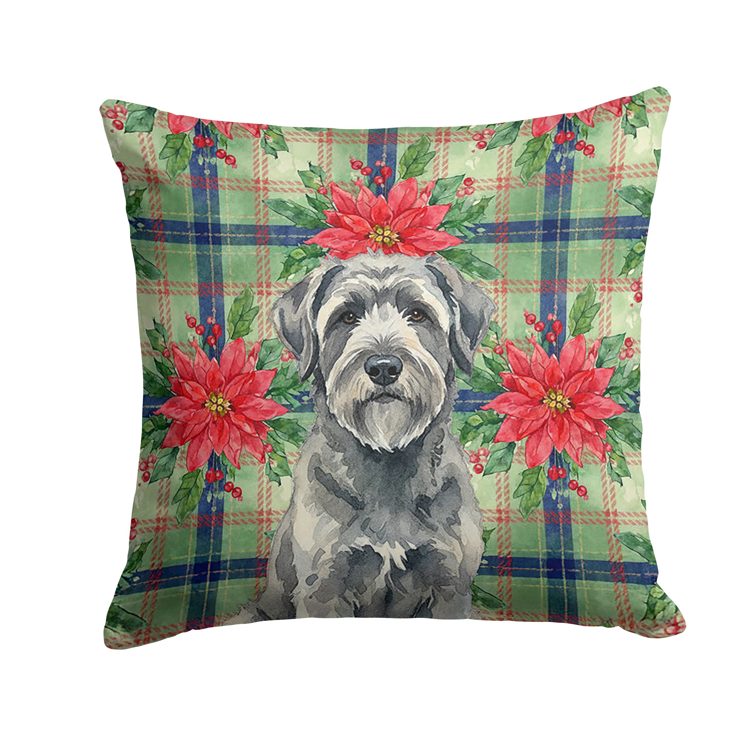 Gray Bouvier des Flandres Christmas PoinsettIas Decorative Throw Pillow 14x14 Indoor Outdoor Accent Cushion, Fabric Cover with Insert for Sofa, Bed, Porch & Living Room