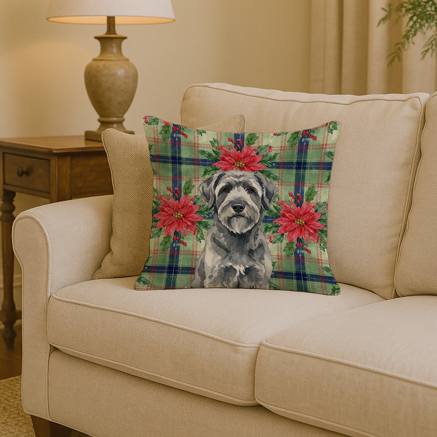Gray Bouvier des Flandres Christmas PoinsettIas Decorative Throw Pillow 14x14 Indoor Outdoor Accent Cushion, Fabric Cover with Insert for Sofa, Bed, Porch & Living Room
